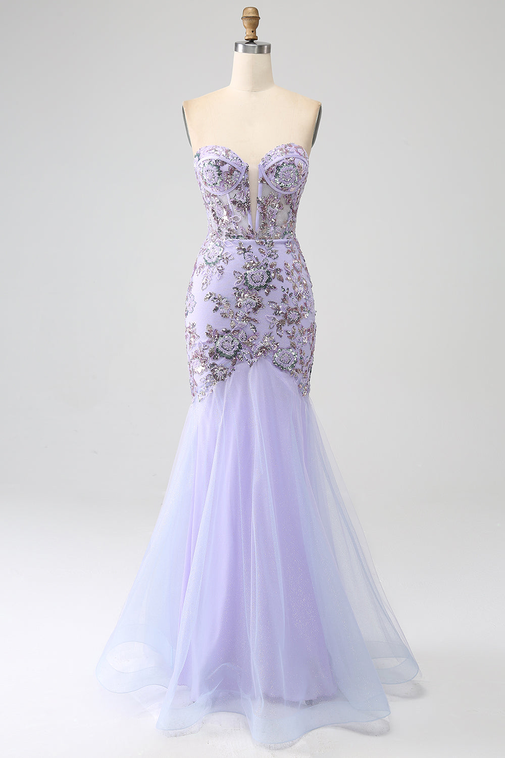 Beaded Lilac Lace Mermaid Strapless Sweetheart Prom Dress SH482 Sheer Fairy