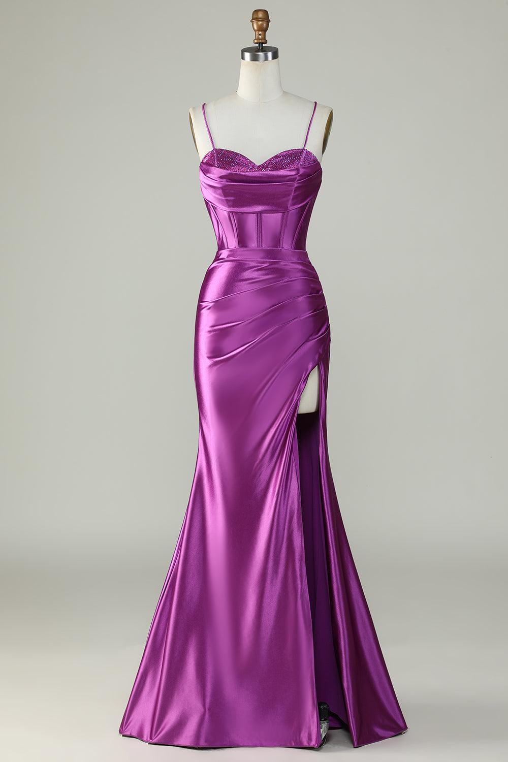 Purple Satin Sweetheart Spaghetti Strap Mermaid Prom Dress SH439 Sheer Fairy