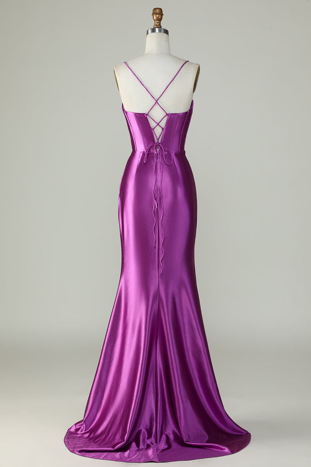 Purple Satin Sweetheart Spaghetti Strap Mermaid Prom Dress SH439 Sheer Fairy