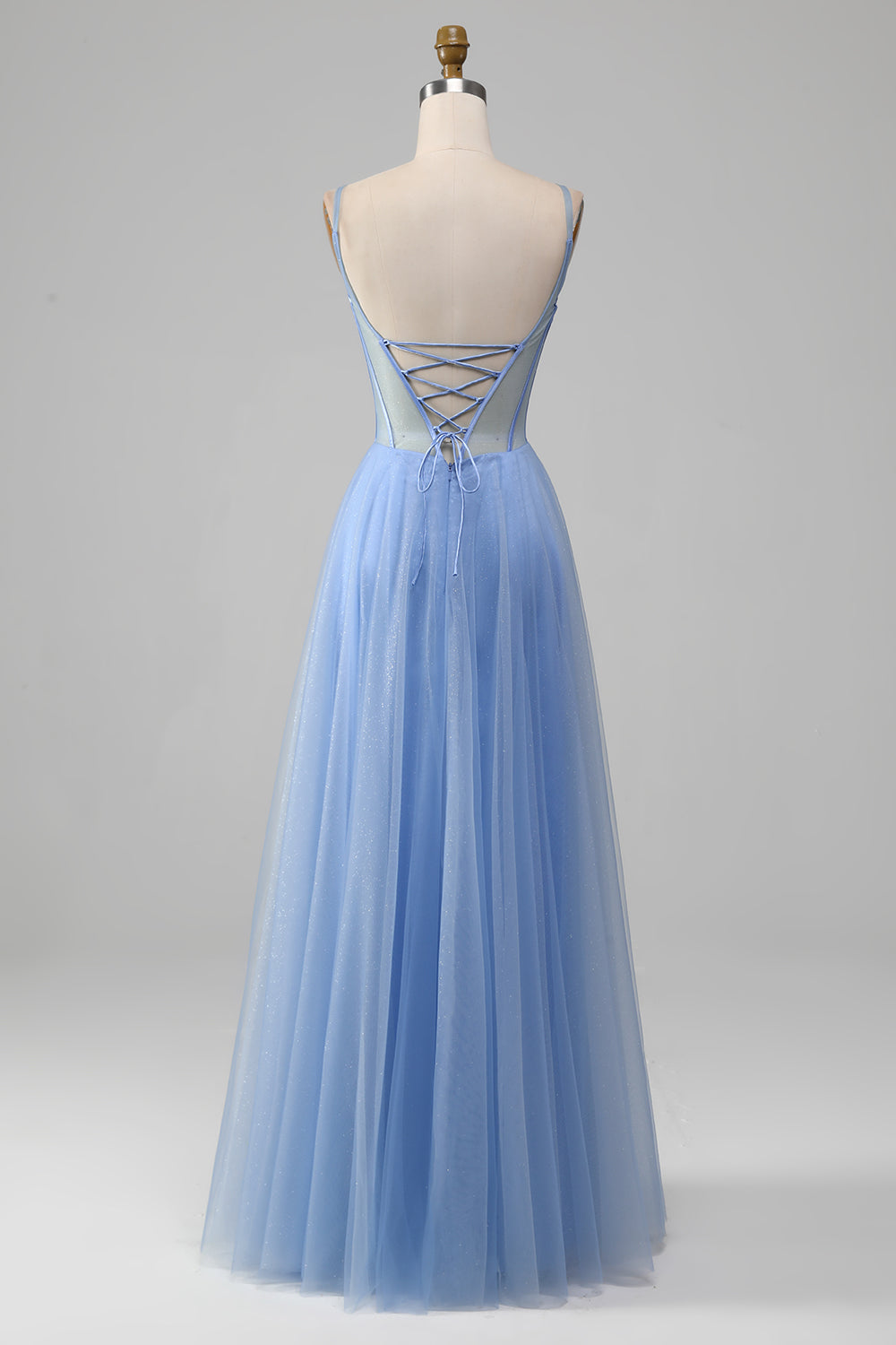 Beaded Blue Spaghetti Strap Tulle A-Line Prom Dress SH496 Sheer Fairy