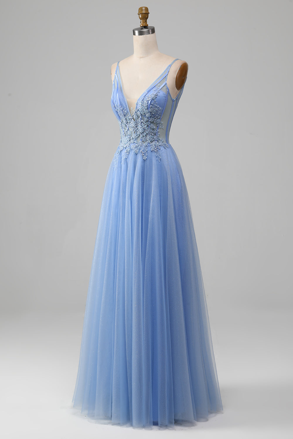 Beaded Blue Spaghetti Strap Tulle A-Line Prom Dress SH496 Sheer Fairy