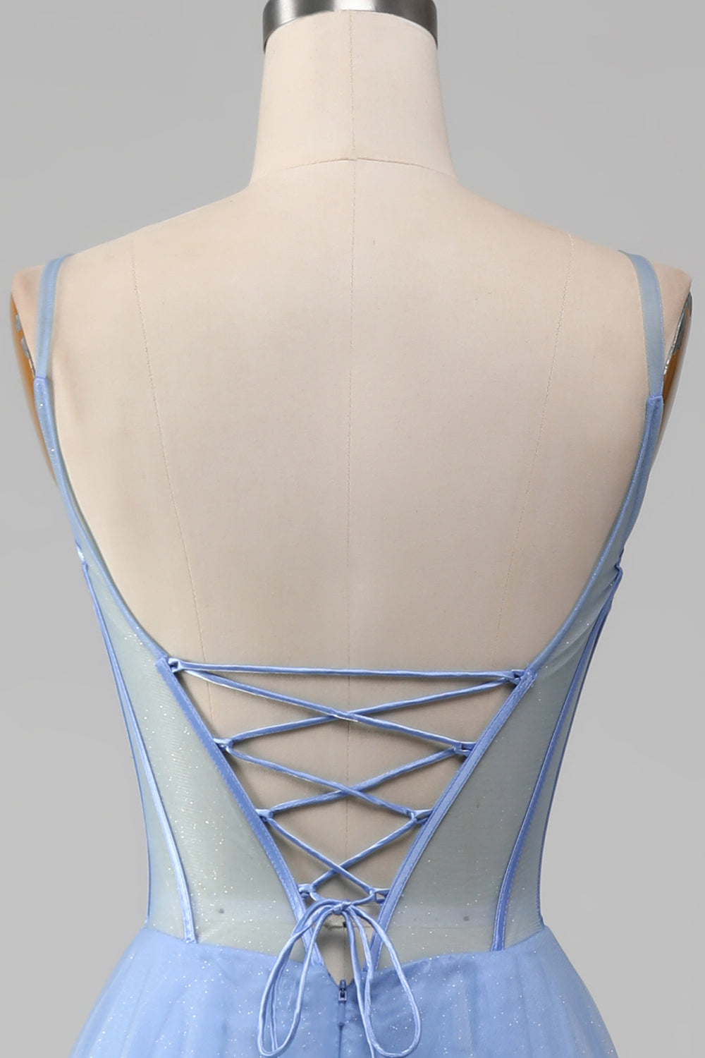 Beaded Blue Spaghetti Strap Tulle A-Line Prom Dress SH496 Sheer Fairy