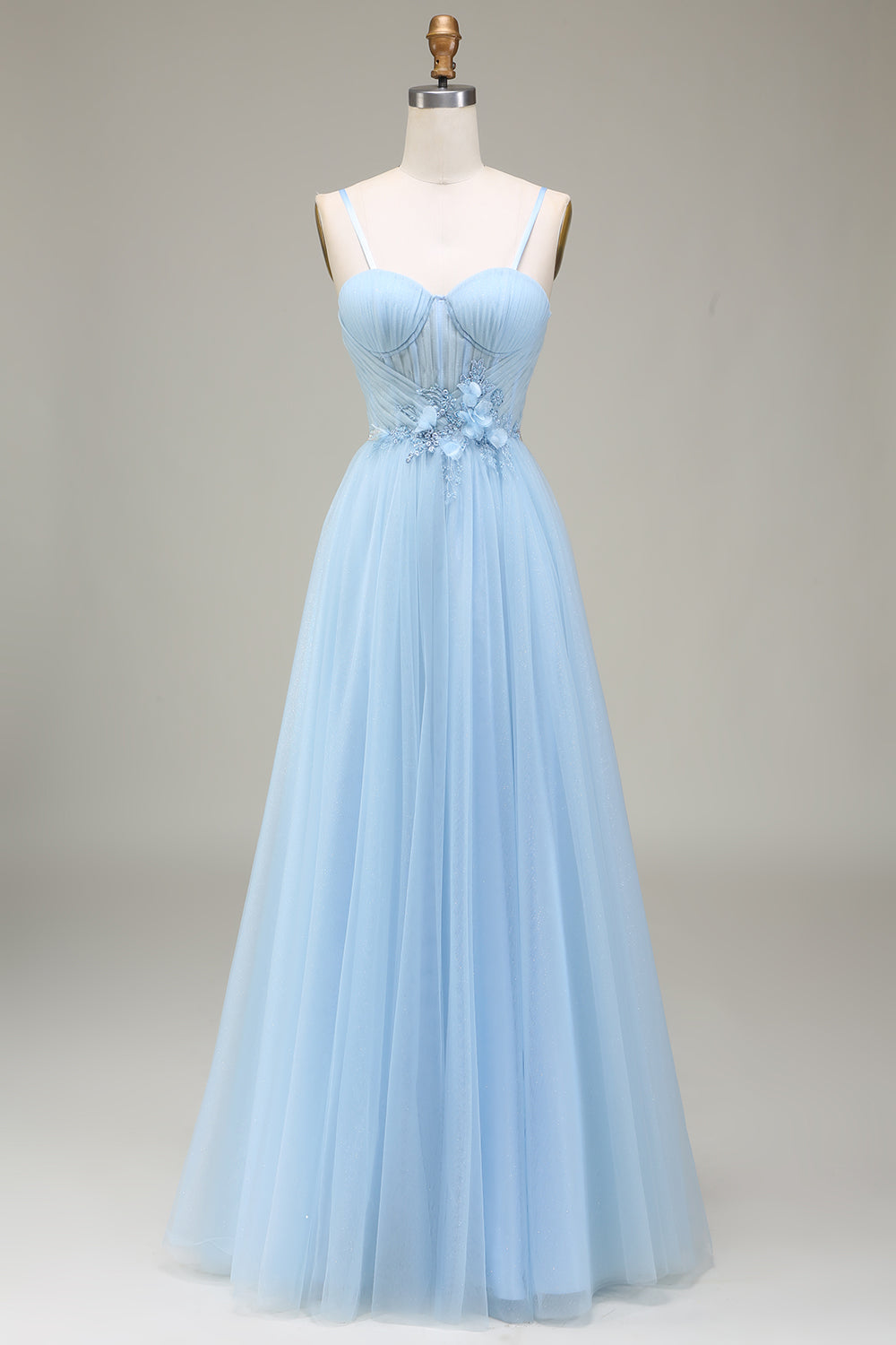 Sky Blue Tulle Ball Gown Prom Dress Sweetheart Spaghetti Strap SH495 Sheer Fairy