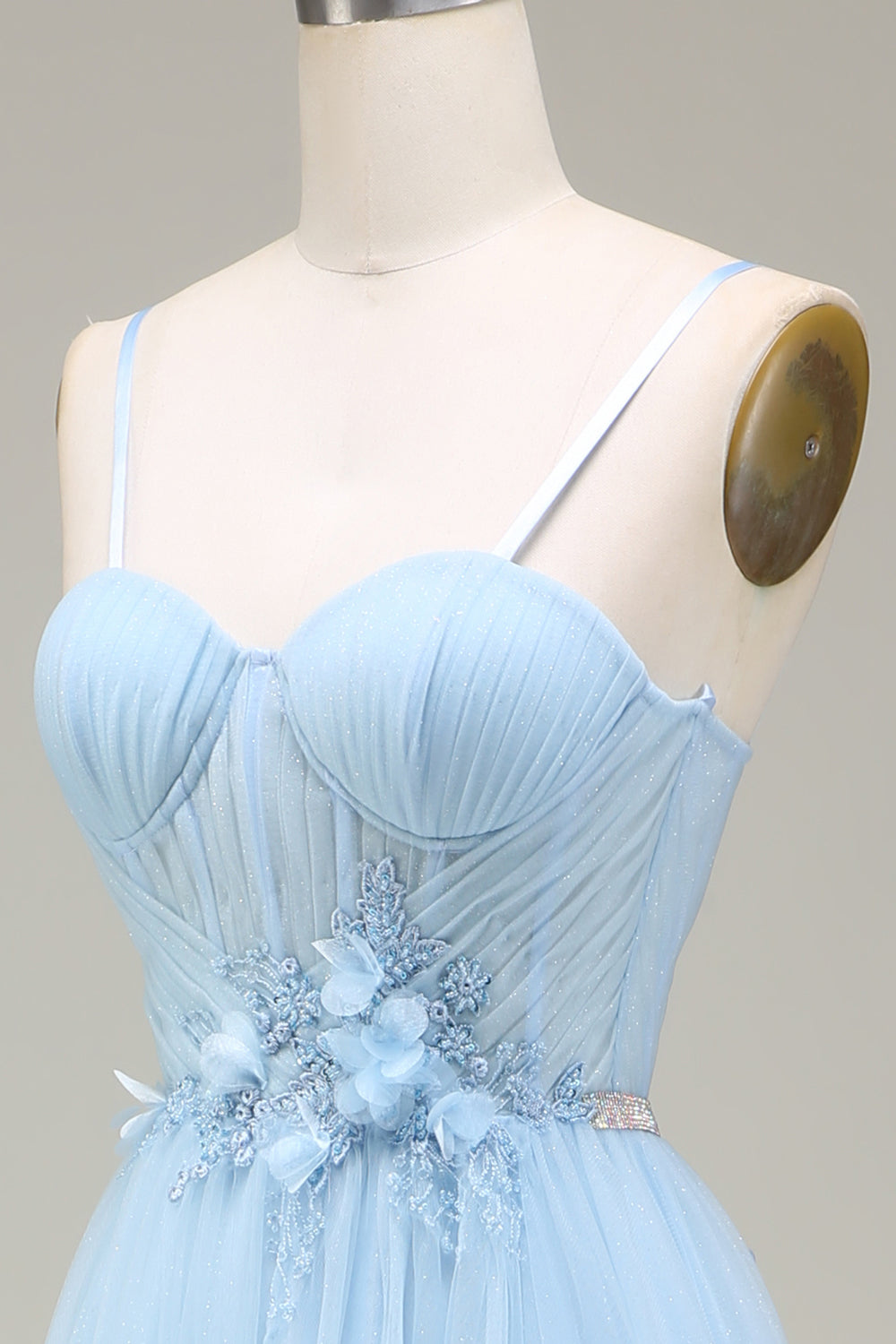 Sky Blue Tulle Ball Gown Prom Dress Sweetheart Spaghetti Strap SH495 Sheer Fairy