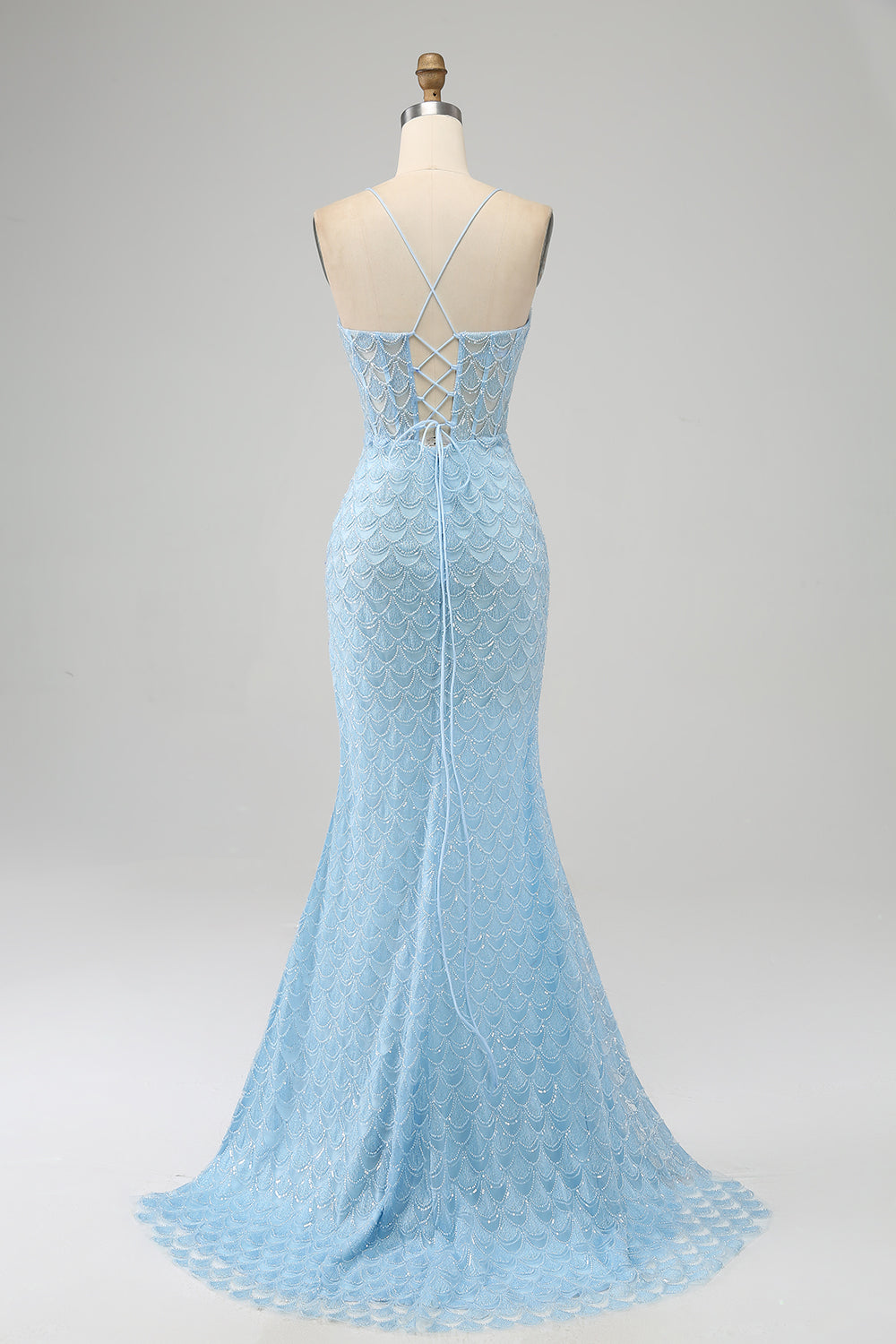 Sky Blue Lace Mermaid Spaghetti Straps Prom Dress with High Slit SH473 Sheer Fairy