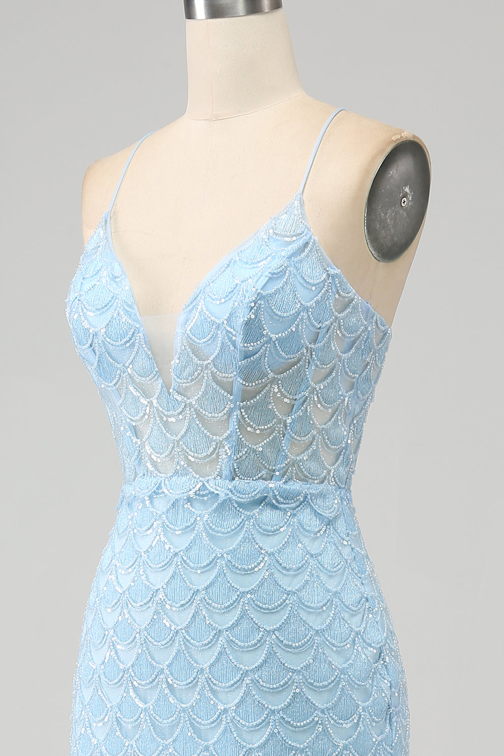 Sky Blue Lace Mermaid Spaghetti Straps Prom Dress with High Slit SH473 Sheer Fairy