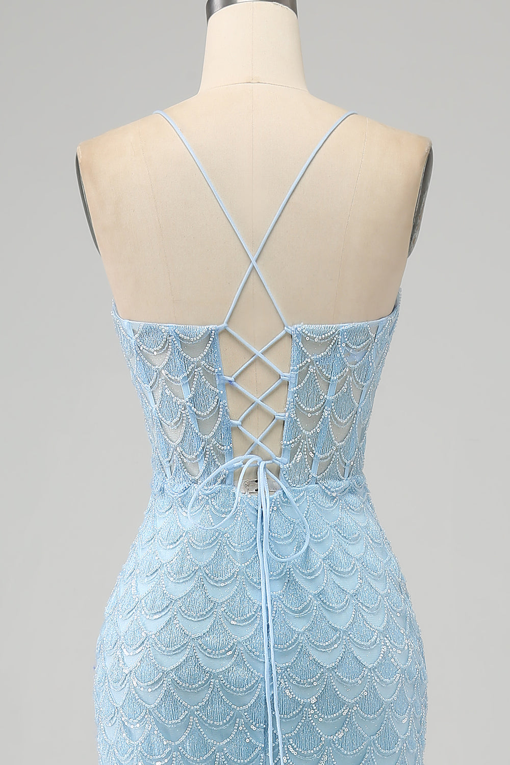 Sky Blue Lace Mermaid Spaghetti Straps Prom Dress with High Slit SH473 Sheer Fairy
