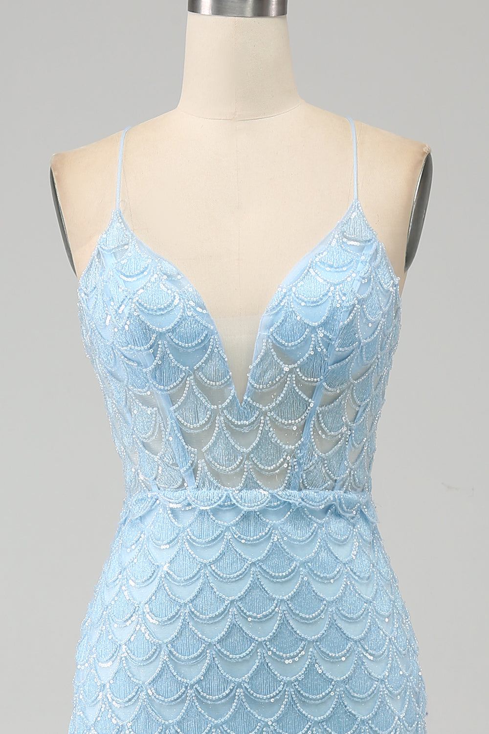 Sky Blue Lace Mermaid Spaghetti Straps Prom Dress with High Slit SH473 Sheer Fairy