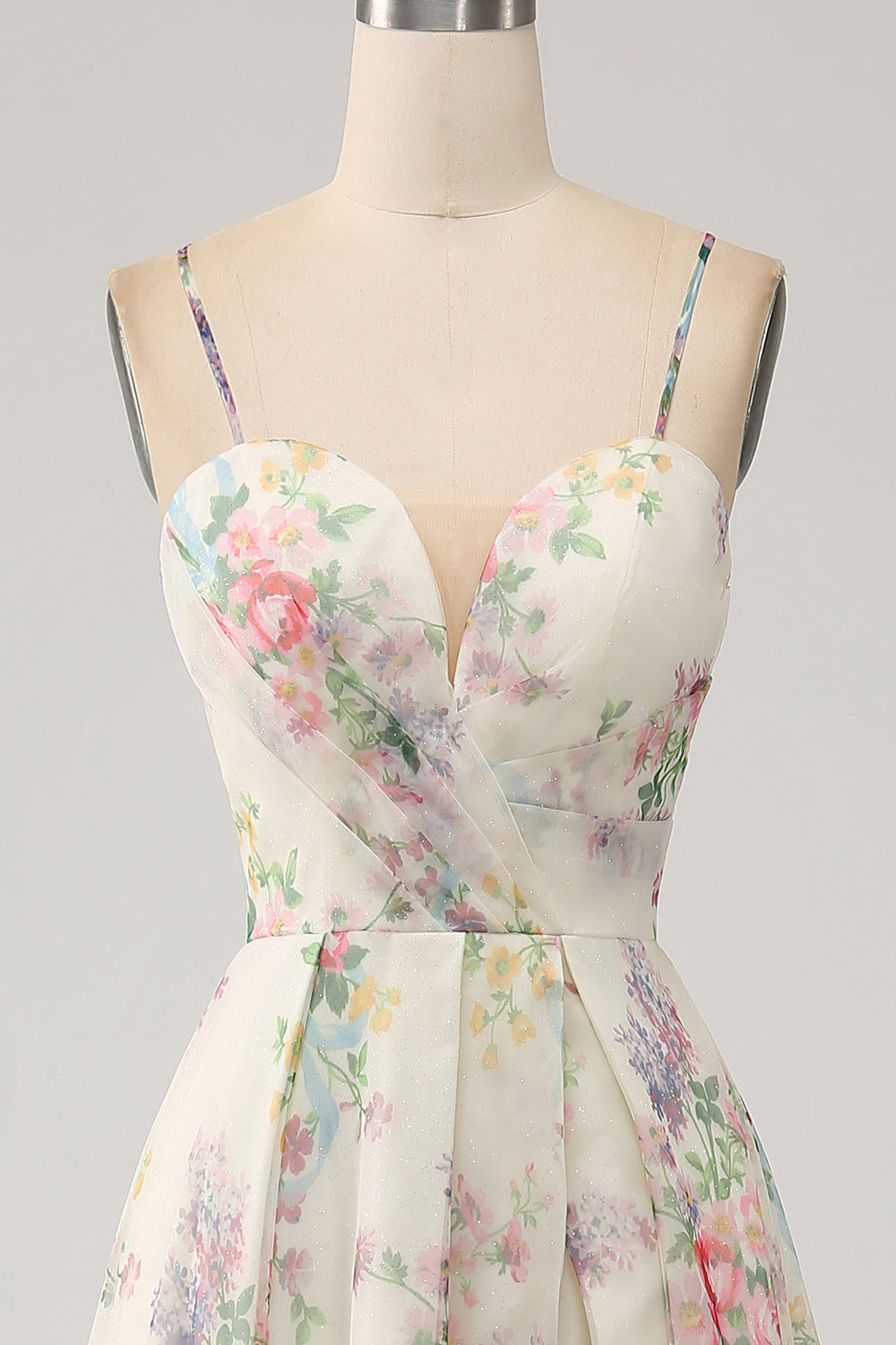 Floral Print Tulle A-Line Spaghetti Straps Beige Prom Dress SH470 Sheer Fairy