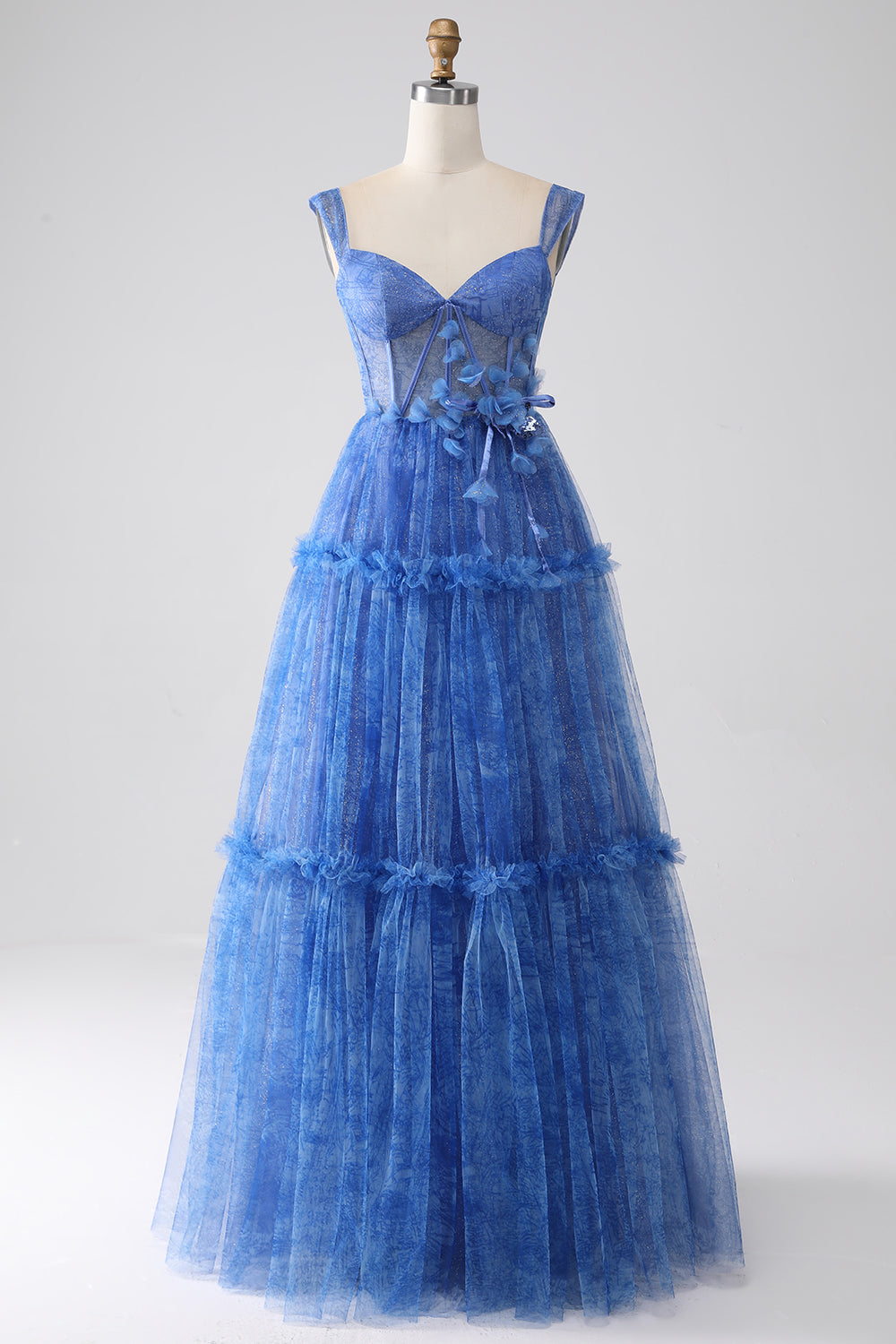 Dramatic Blue Tulle Sweetheart Ball Gown Prom Dress with 3D Floral Lace SH476 Sheer Fairy