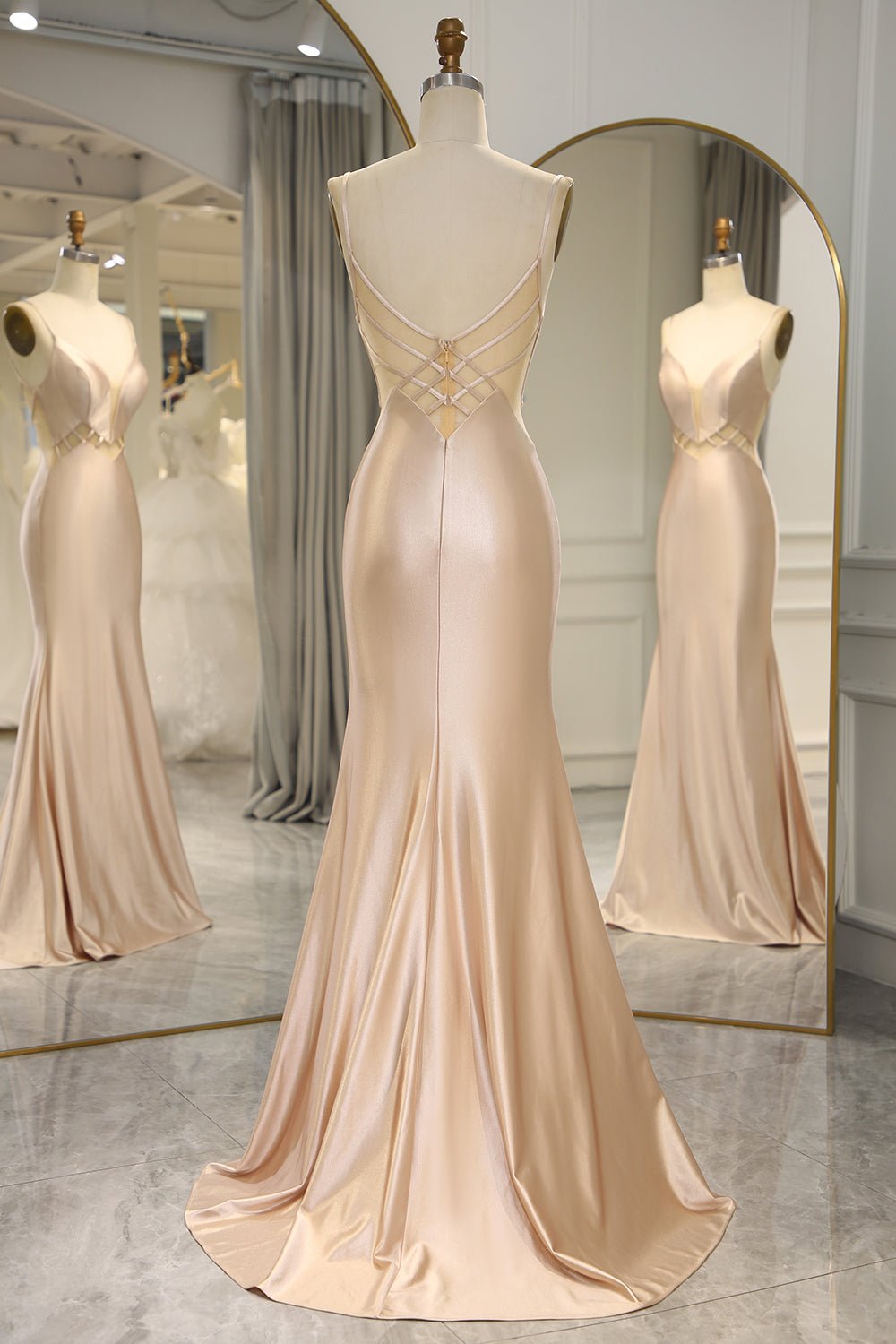 Champagne Satin V-Neck Sleeveless Mermaid Prom Dress SH463 Sheer Fairy