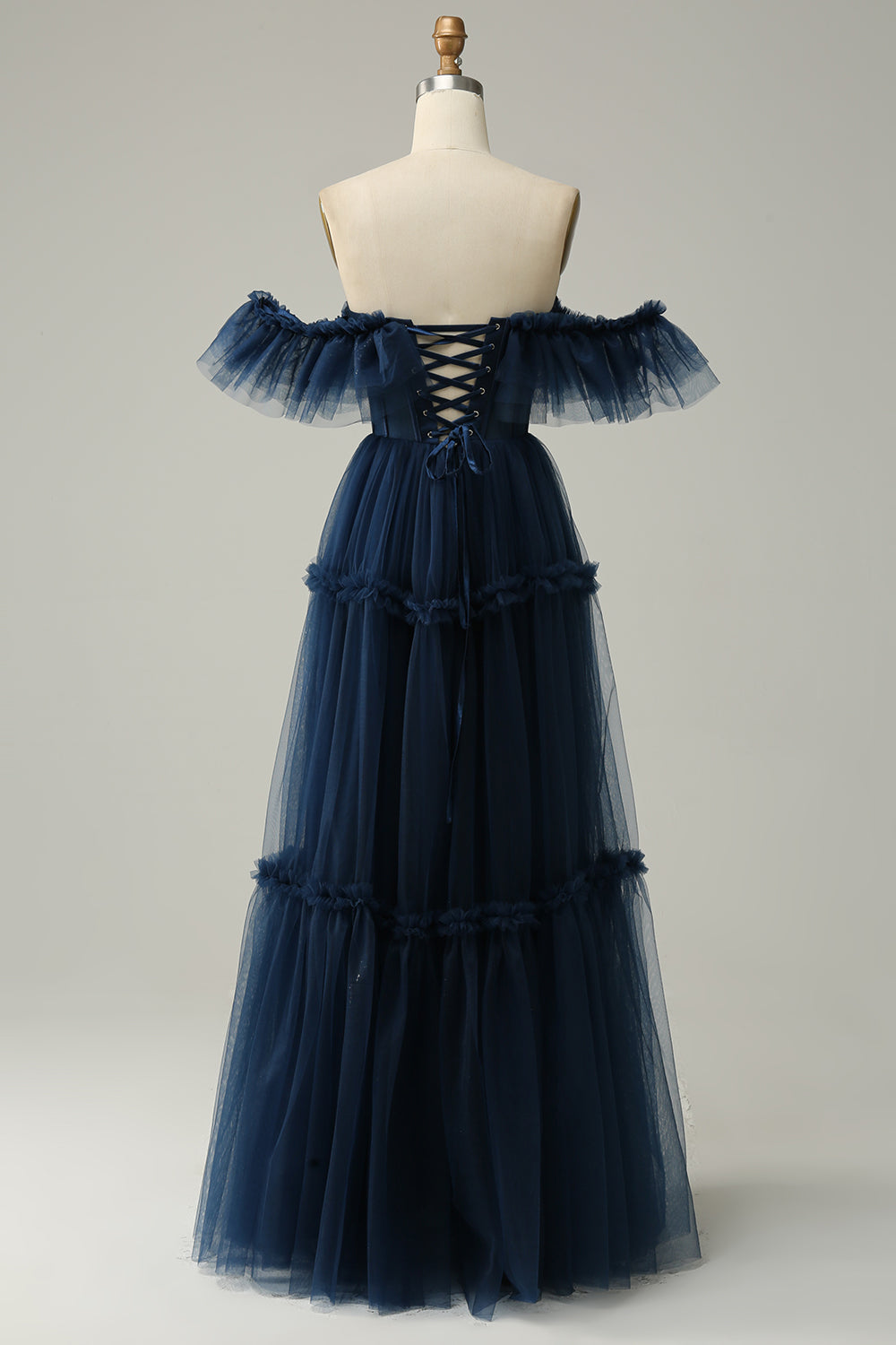 Navy Blue Tulle Tiered Off-the-Shoulder A-Line Prom Dress SH434 Sheer Fairy