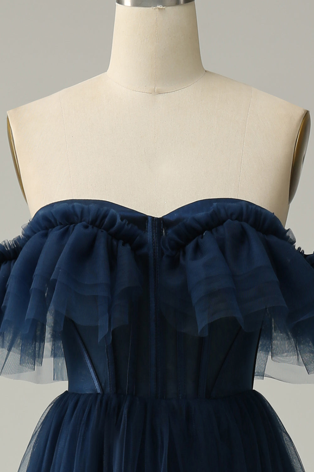 Navy Blue Tulle Tiered Off-the-Shoulder A-Line Prom Dress SH434 Sheer Fairy