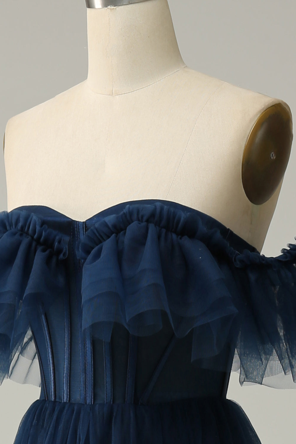 Navy Blue Tulle Tiered Off-the-Shoulder A-Line Prom Dress SH434 Sheer Fairy