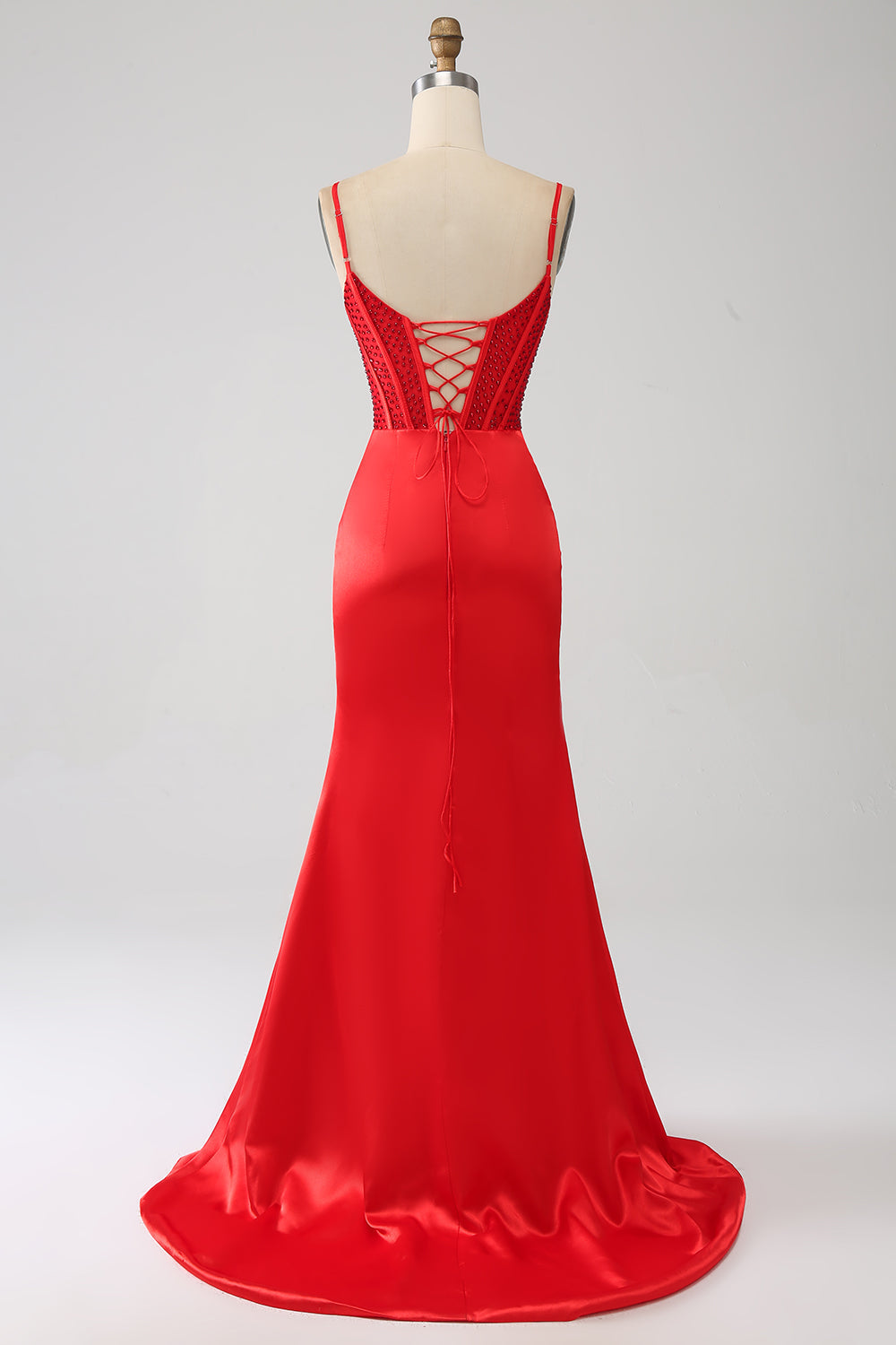Glamour Red Satin Mermaid Spaghetti Strap Prom Dress SH465 Sheer Fairy