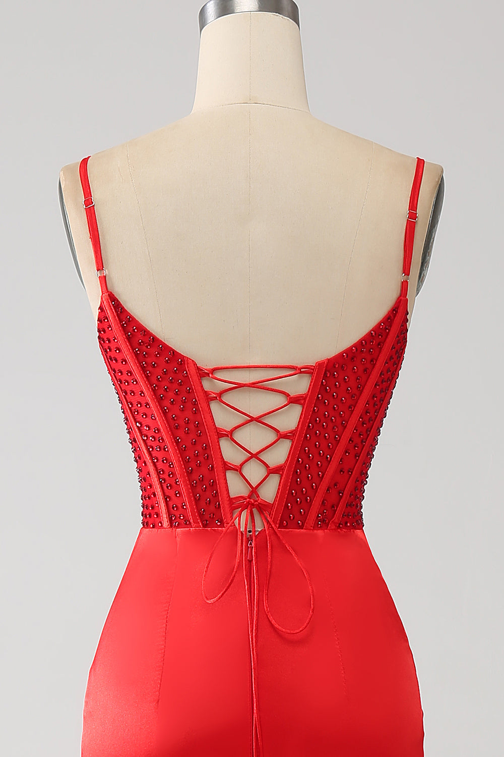 Glamour Red Satin Mermaid Spaghetti Strap Prom Dress SH465 Sheer Fairy