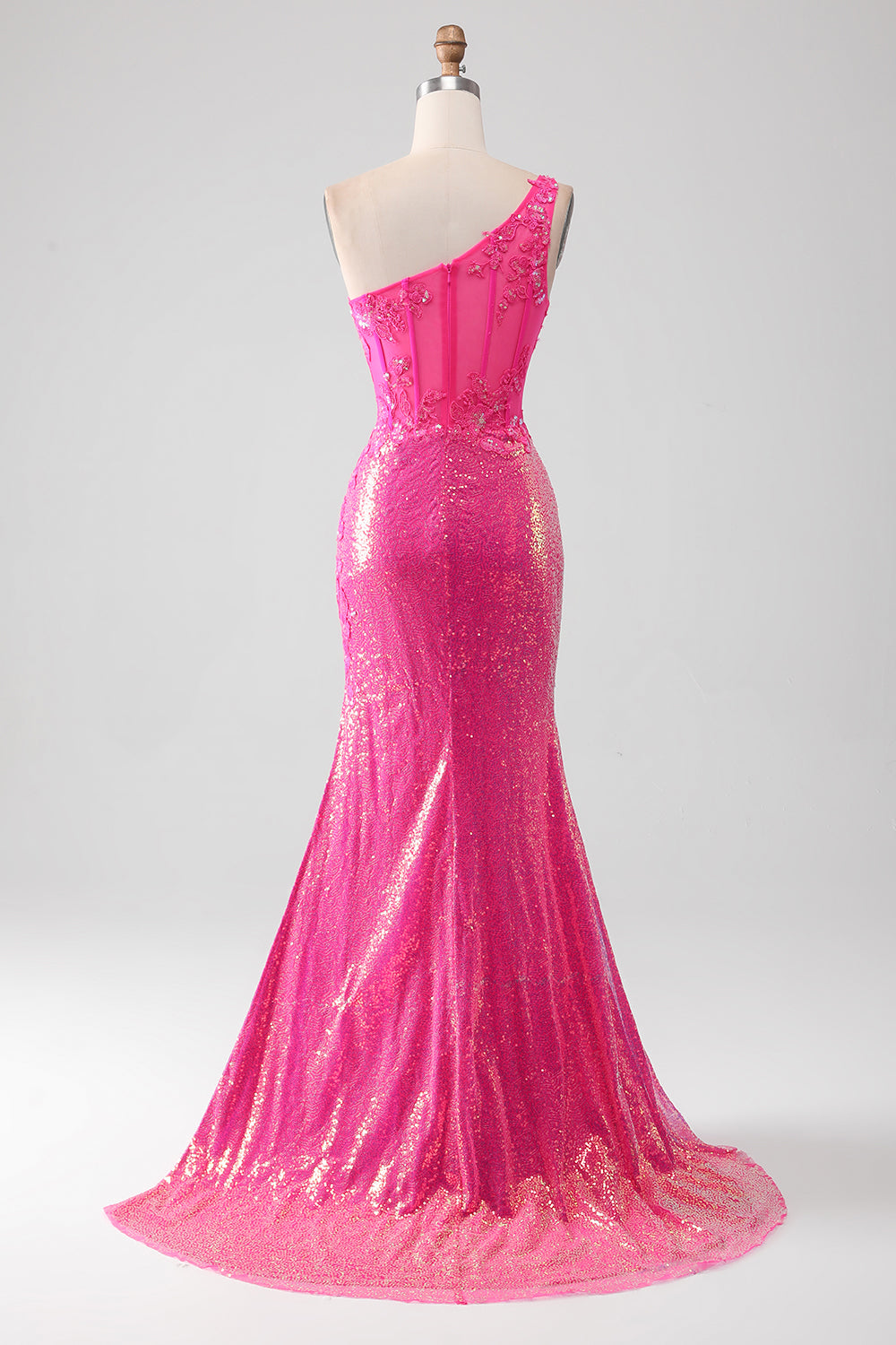Fuchsia Sequin Mermaid One-shoulder Prom Dress SH479 Sheer Fairy