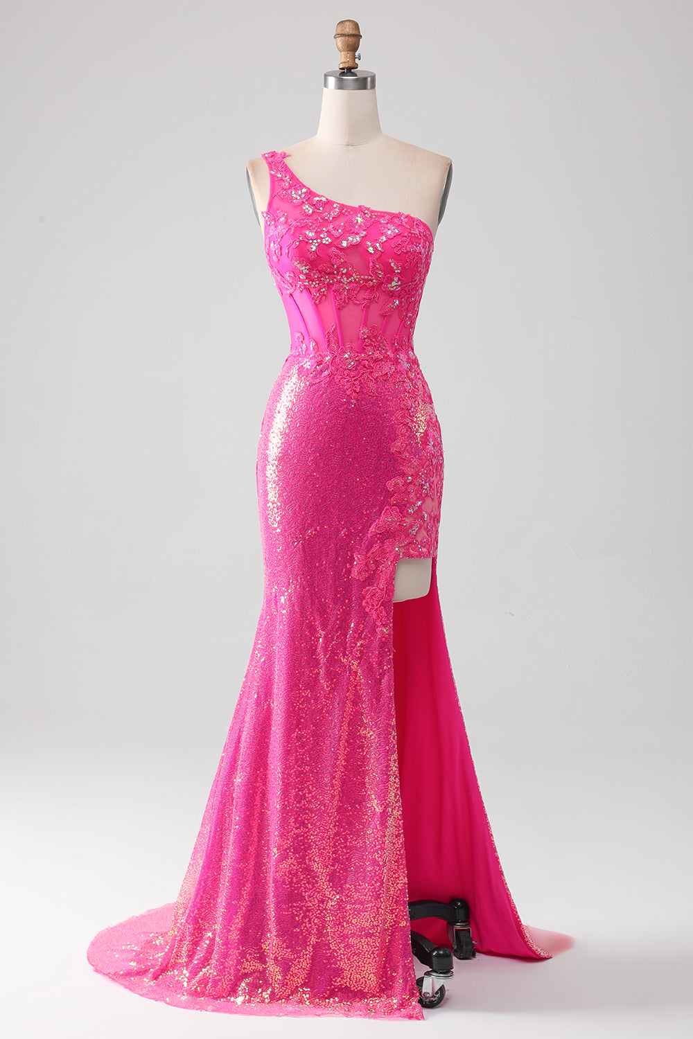 Fuchsia Sequin Mermaid One-shoulder Prom Dress SH479 Sheer Fairy