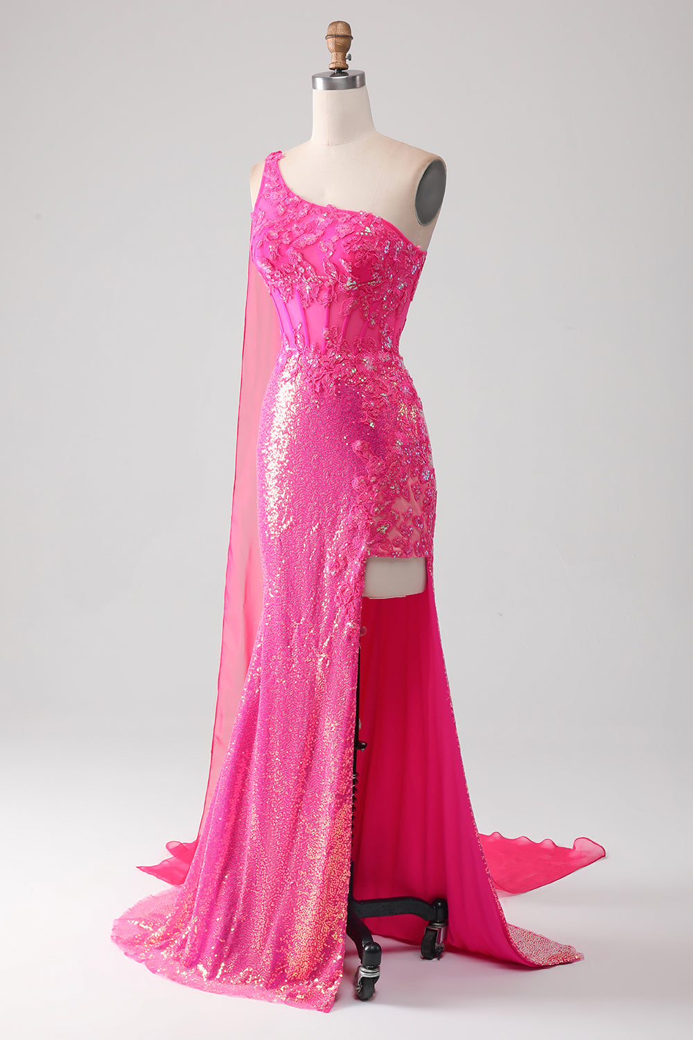 Fuchsia Sequin Mermaid One-shoulder Prom Dress SH479 Sheer Fairy