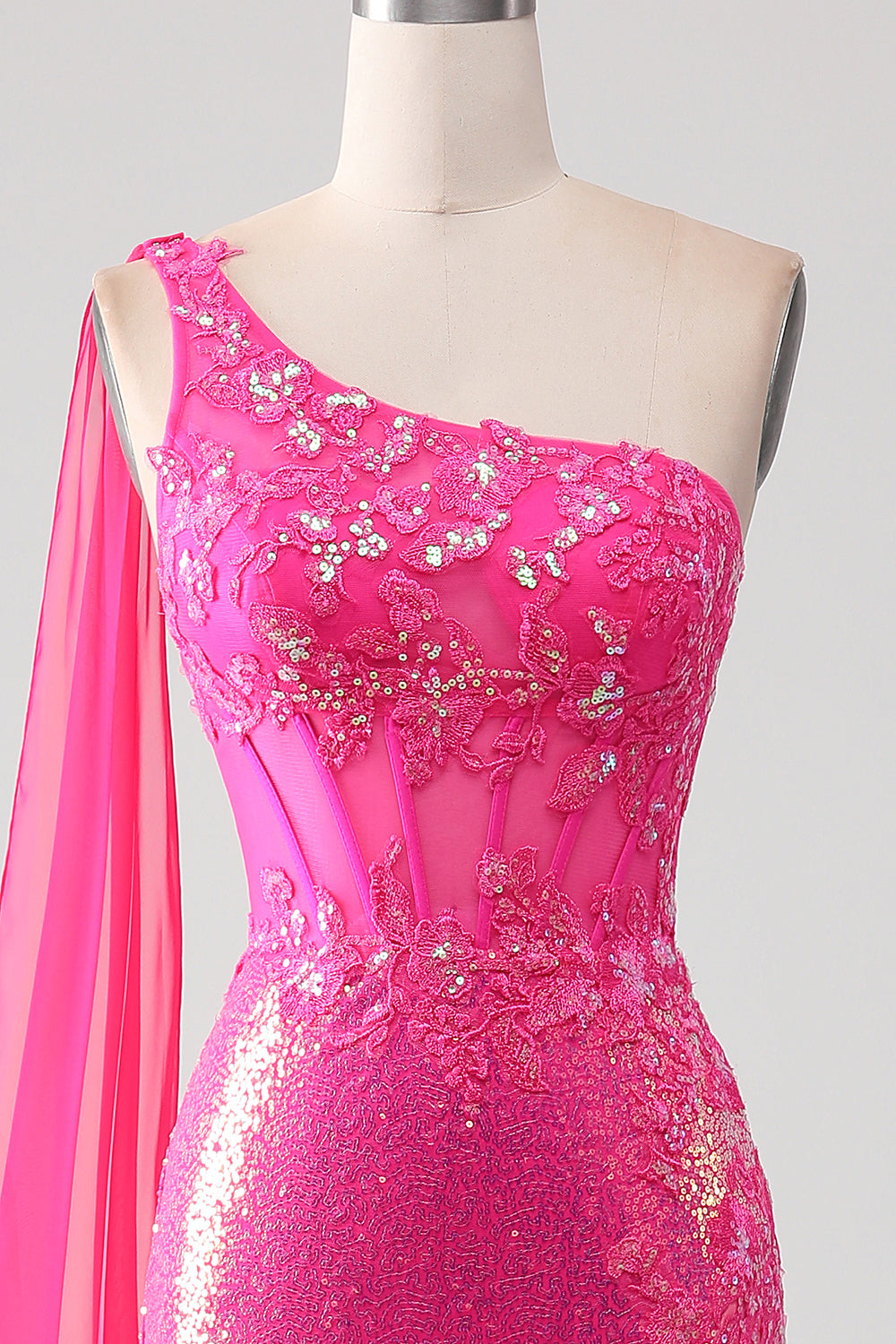 Fuchsia Sequin Mermaid One-shoulder Prom Dress SH479 Sheer Fairy
