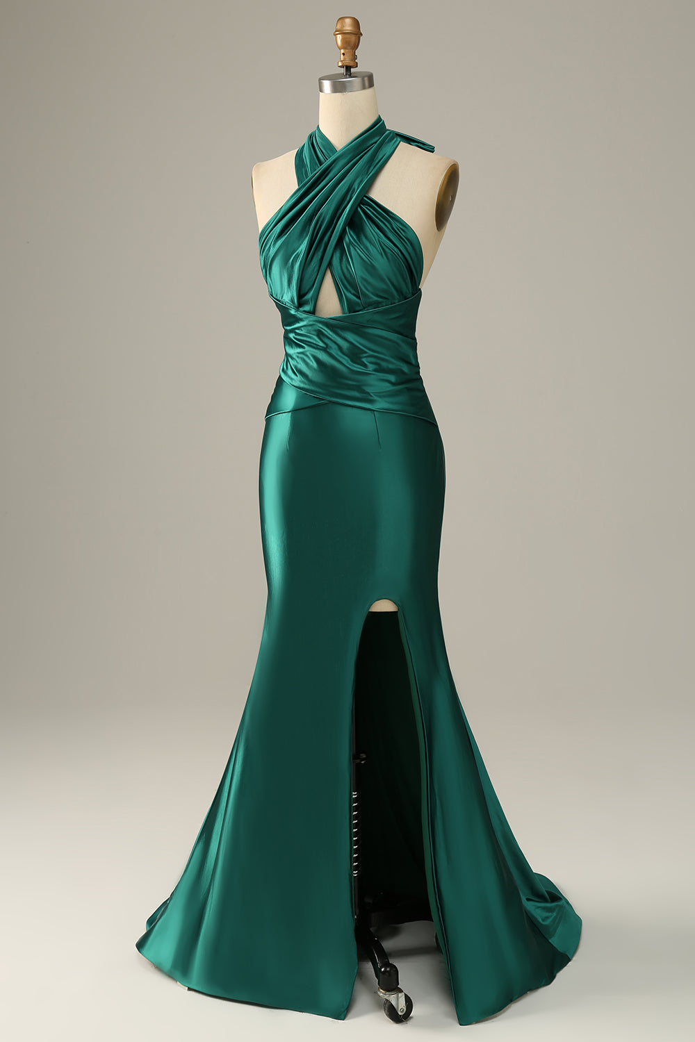 Sleek Emerald Green Satin Halter Mermaid Prom Dress SH437 Sheer Fairy