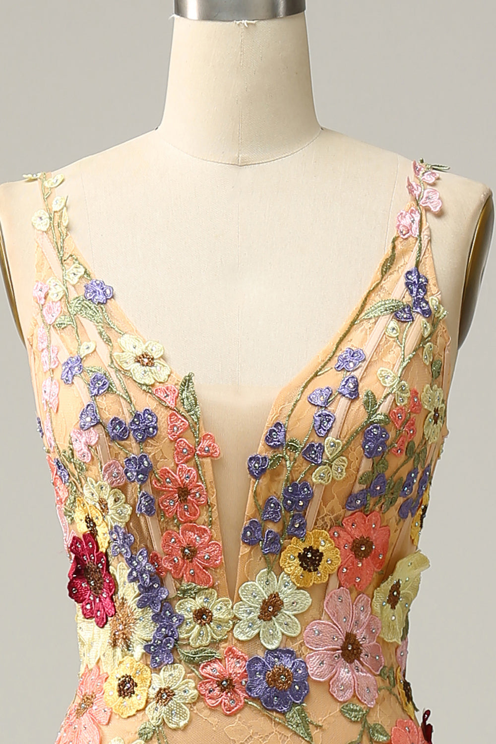 Champagne 3D Floral Tulle Mermaid V-Neck Prom Dress SH440 Sheer Fairy