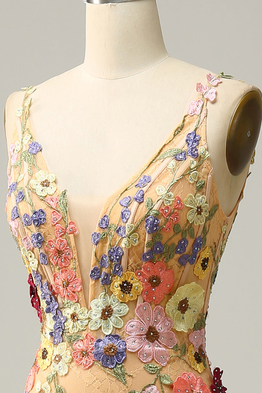 Champagne 3D Floral Tulle Mermaid V-Neck Prom Dress SH440 Sheer Fairy