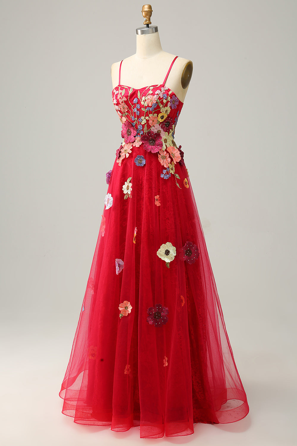 Red Tulle A-Line Spaghetti Strap Prom Dress with 3D Floral SH446 Sheer Fairy