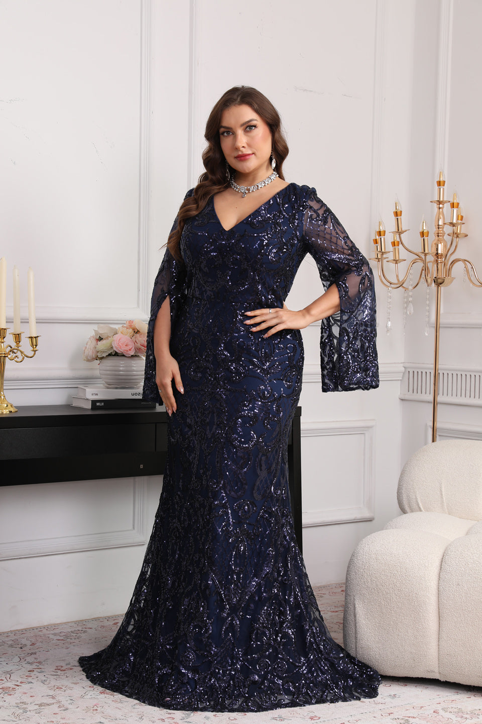 Sexy V Neck Mermaid Navy Blue Lace Mother of the Bride Dress Plus Size SF624 Sheer Fairy