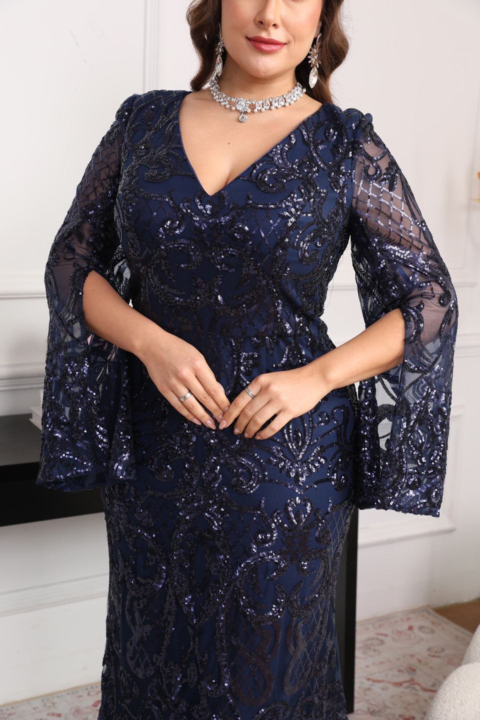 Sexy V Neck Mermaid Navy Blue Lace Mother of the Bride Dress Plus Size SF624 Sheer Fairy