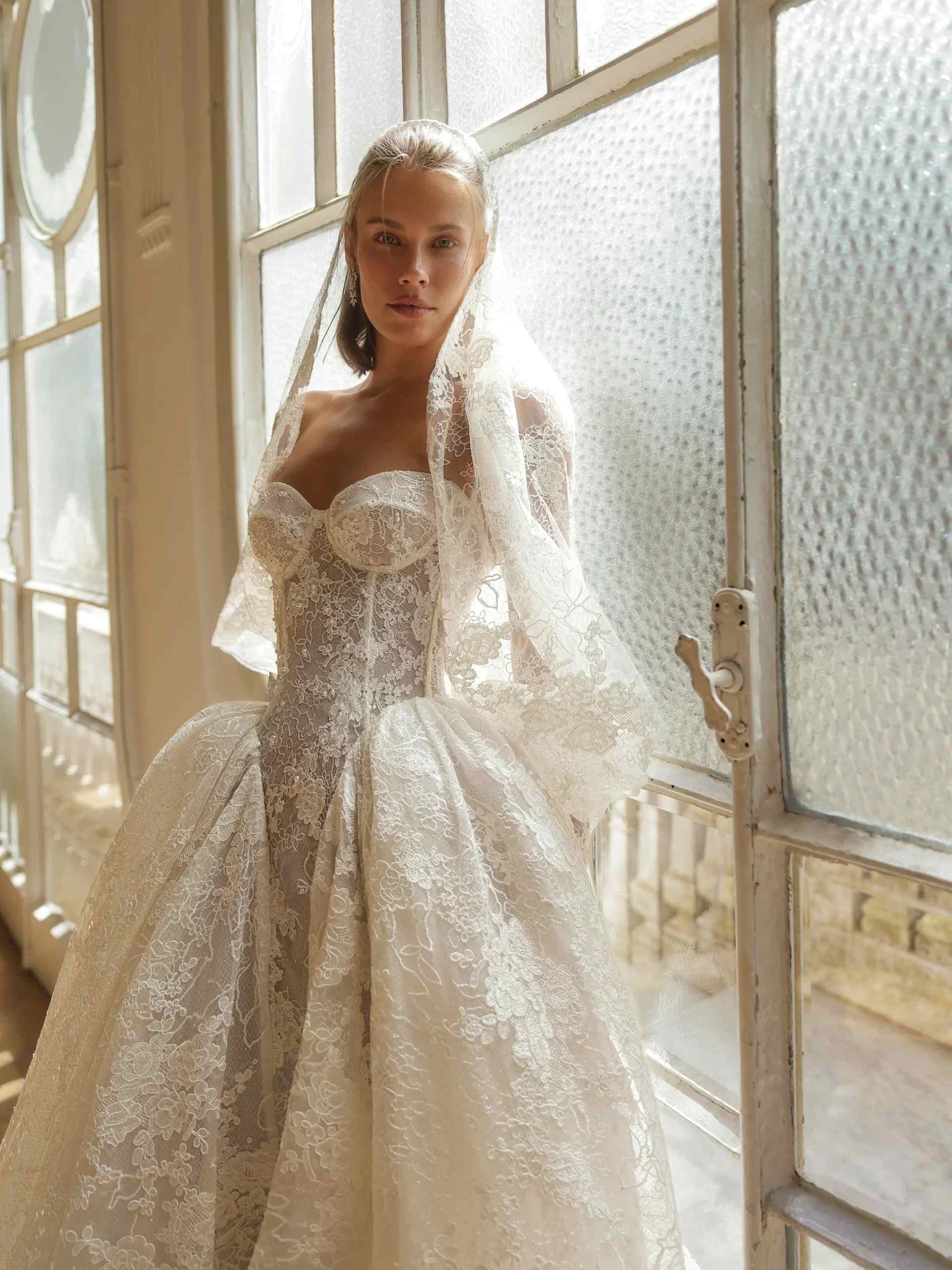 Long Puffed Sleeve Lace Ball Gown Wedding Dress SW184 Sheer Fairy