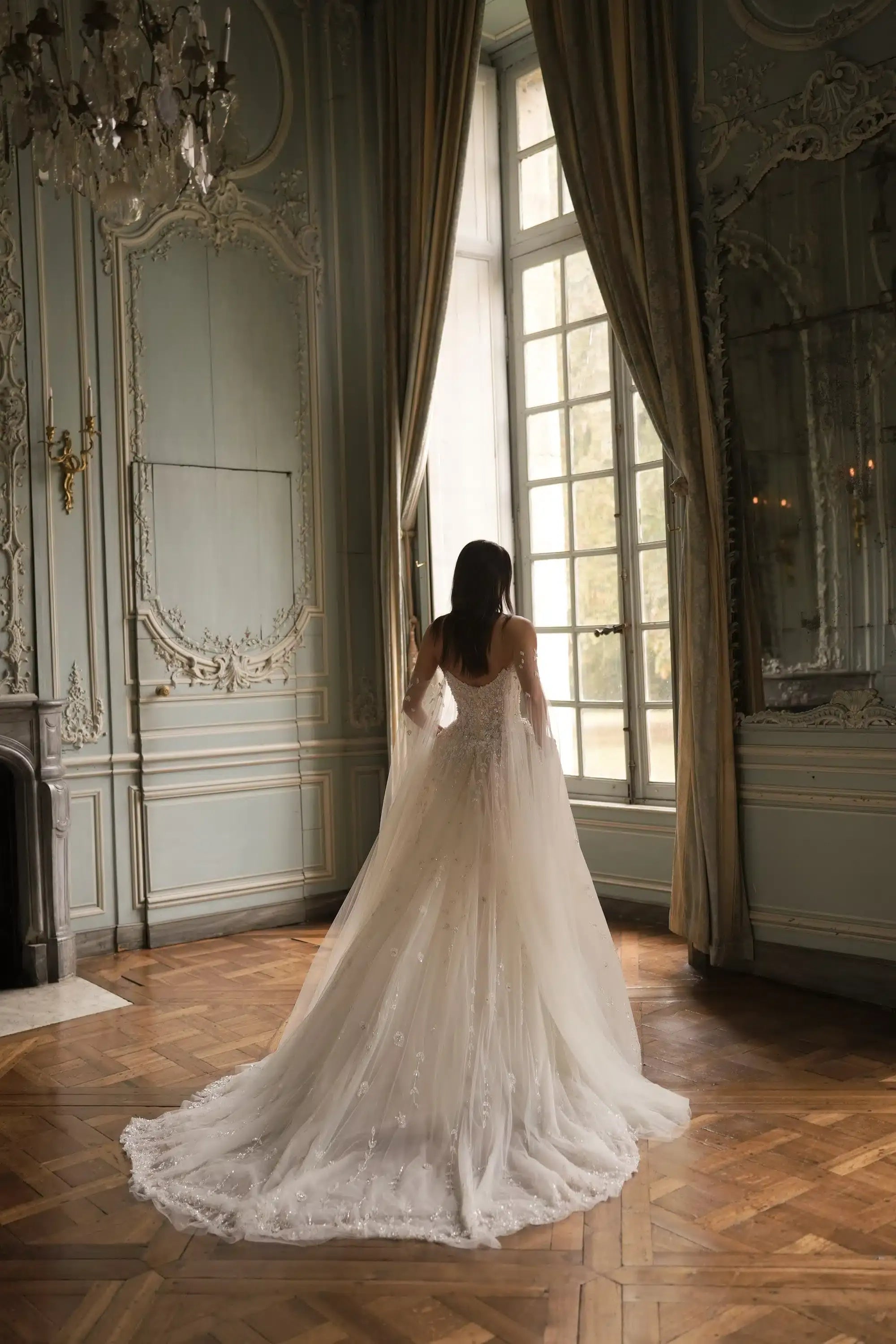 White Corset Tulle A Line Bridal Gown with Cathedral Train SW746 Sheer Fairy