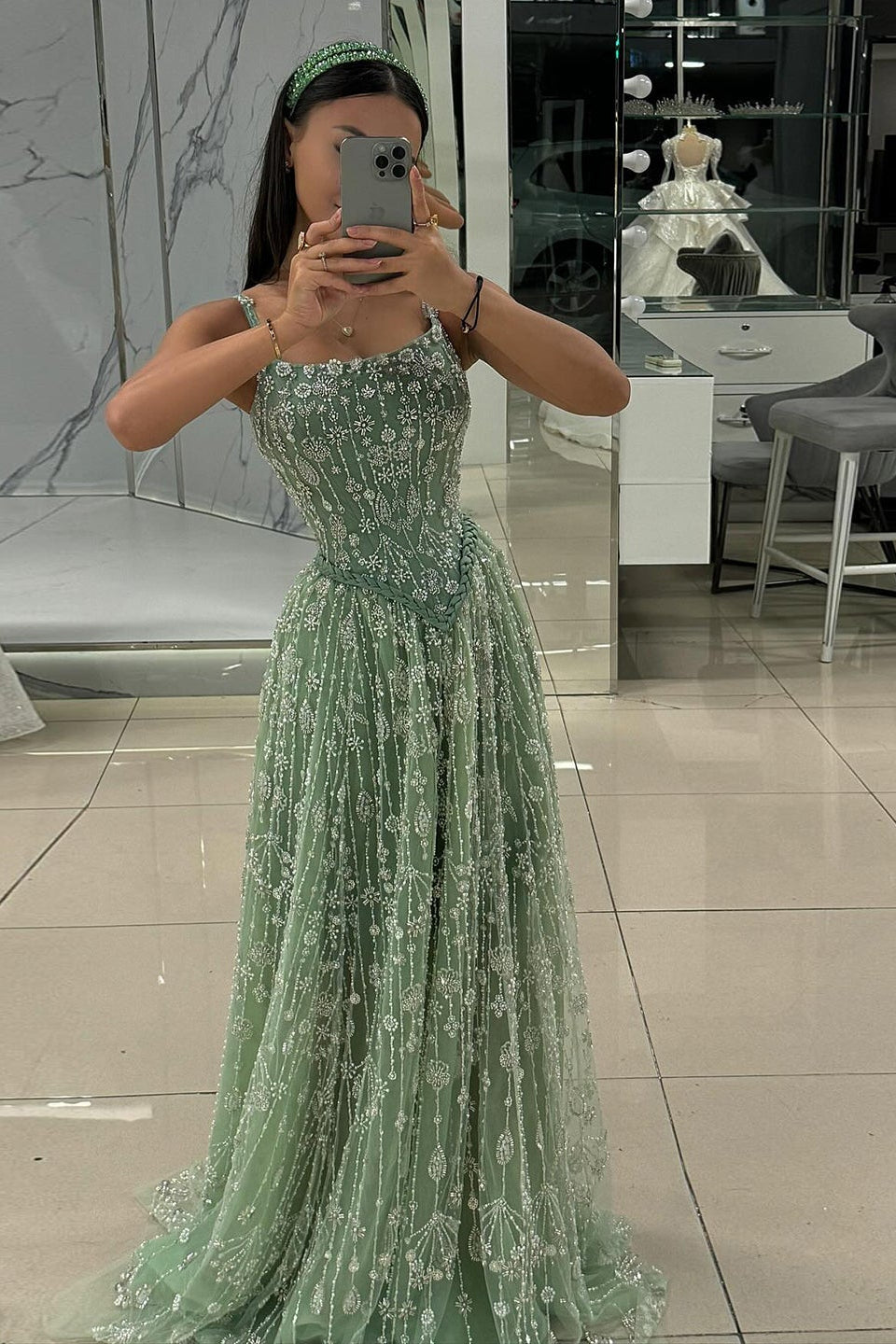 Luxury Sequined Floral Lace Square Neck A-Line Evening Dress SS693