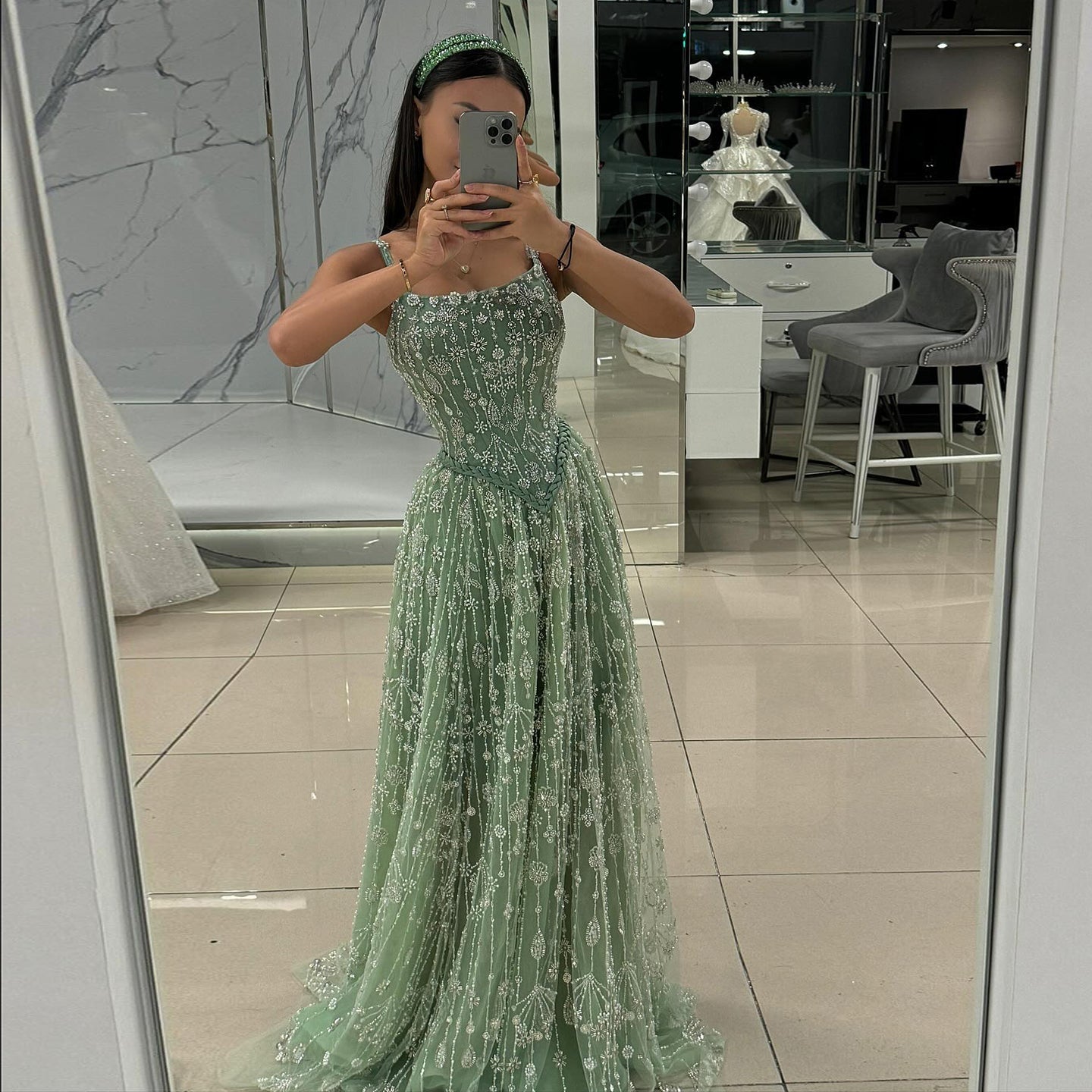 Luxury Sequined Floral Lace Square Neck A-Line Evening Dress SS693 Sheer Fairy