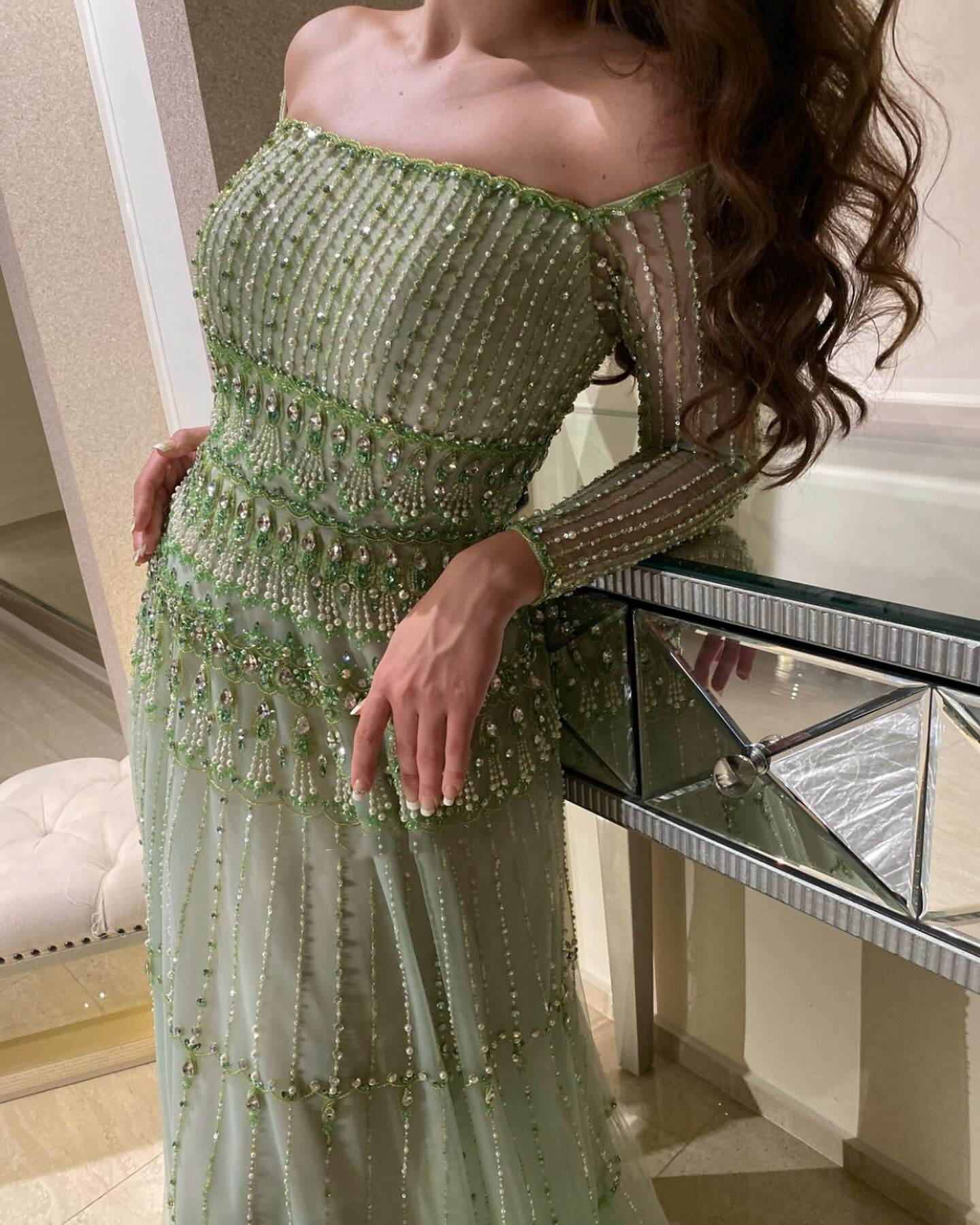 Green Off-Shoulder Long Sleeve Beaded A-Line Evening Dress SS588 Sheer Fairy