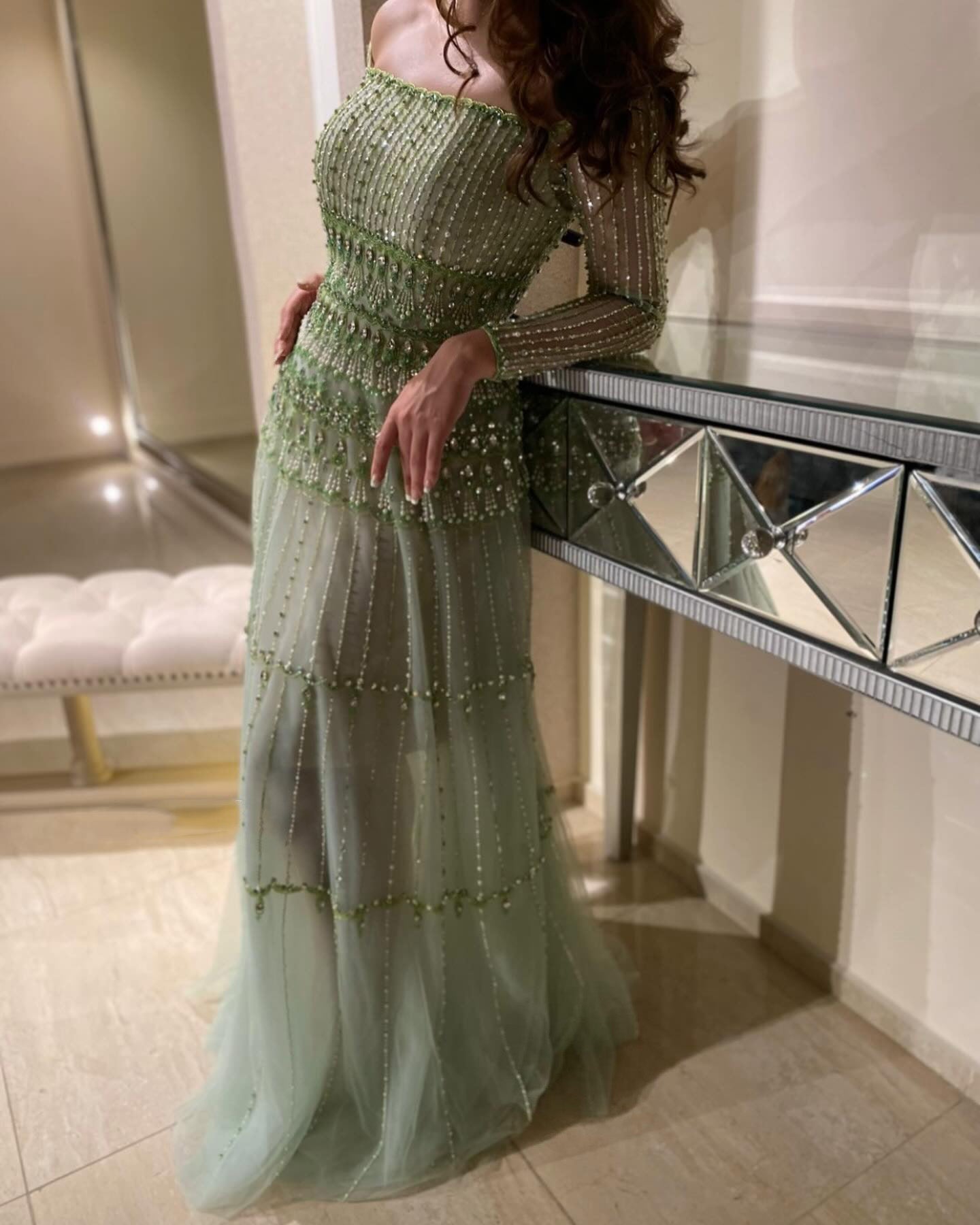 Green Off-Shoulder Long Sleeve Beaded A-Line Evening Dress SS588 Sheer Fairy