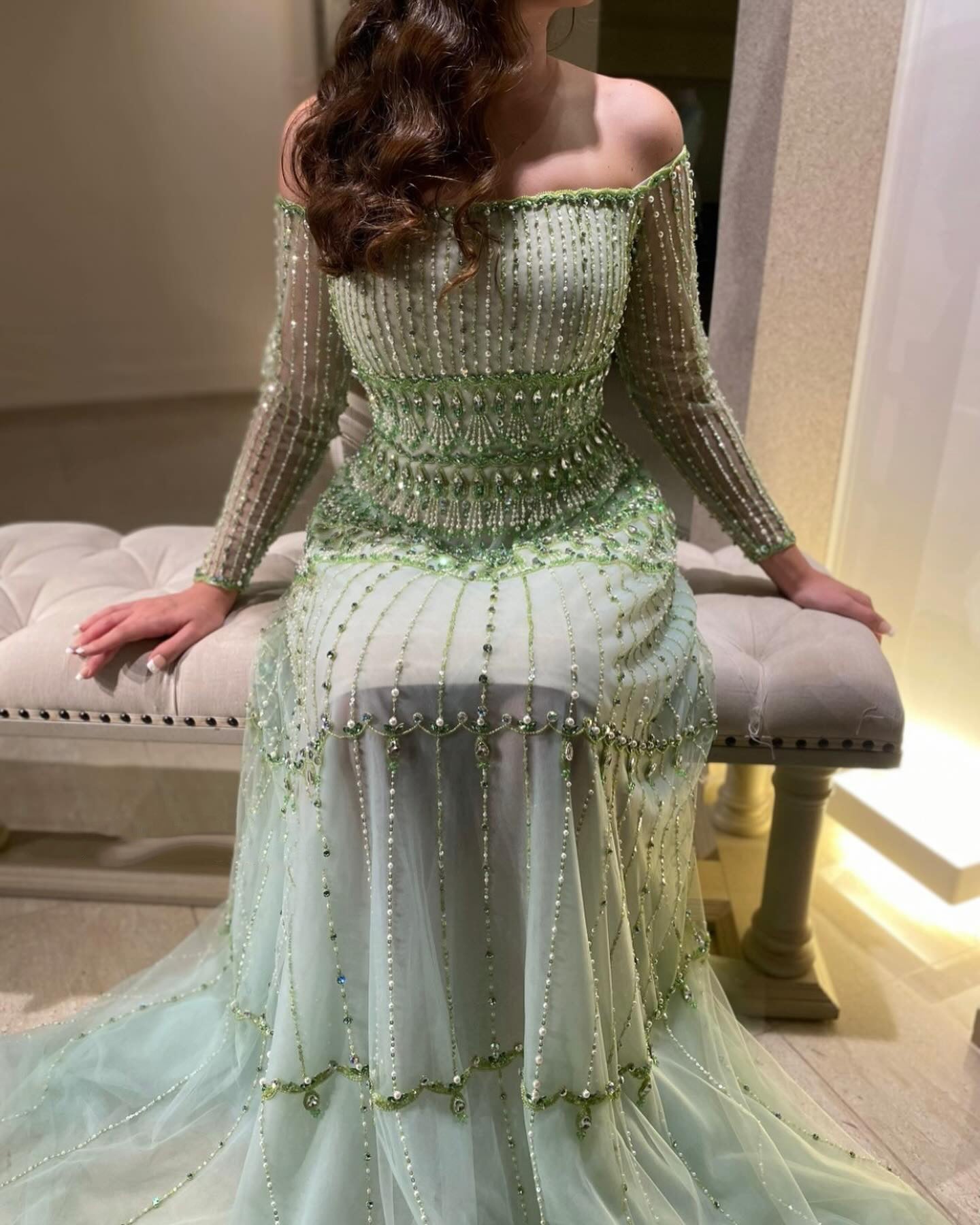 Green Off-Shoulder Long Sleeve Beaded A-Line Evening Dress SS588 Sheer Fairy