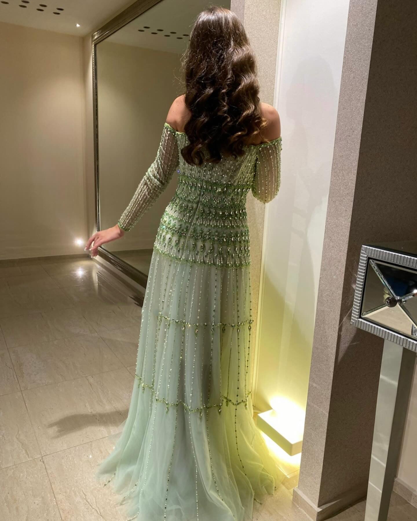 Green Off-Shoulder Long Sleeve Beaded A-Line Evening Dress SS588 Sheer Fairy