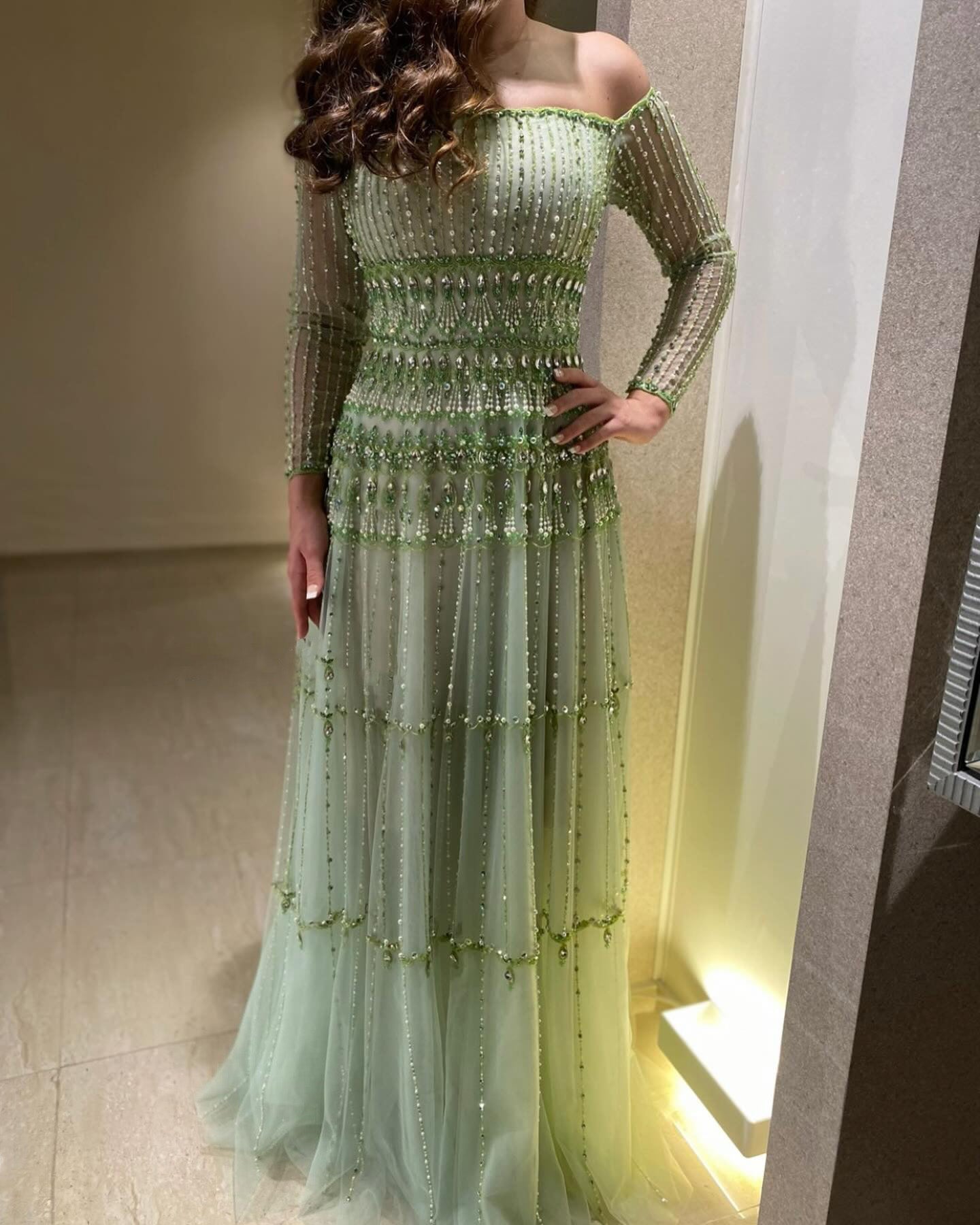 Green Off-Shoulder Long Sleeve Beaded A-Line Evening Dress SS588 Sheer Fairy