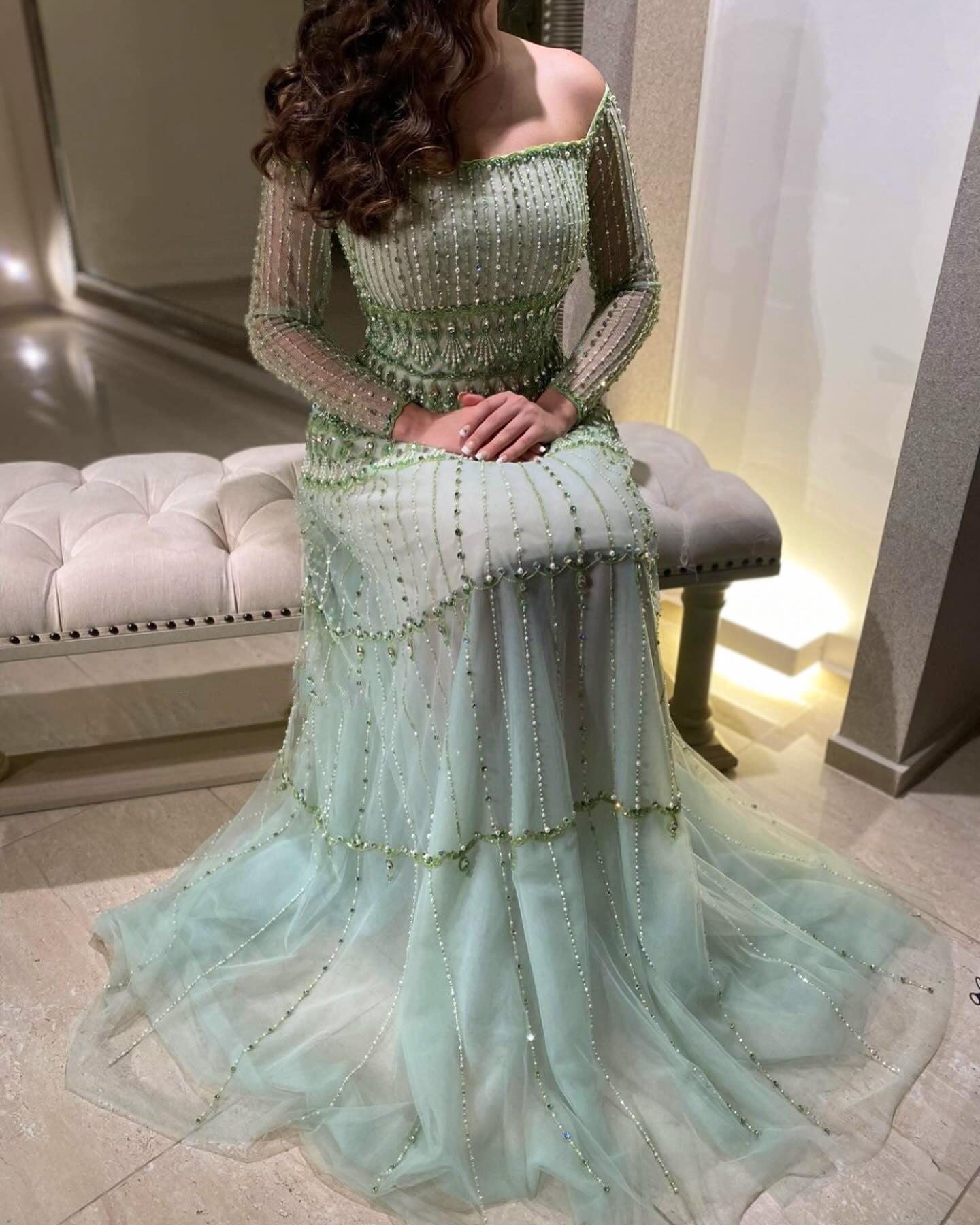 Green Off-Shoulder Long Sleeve Beaded A-Line Evening Dress SS588 Sheer Fairy