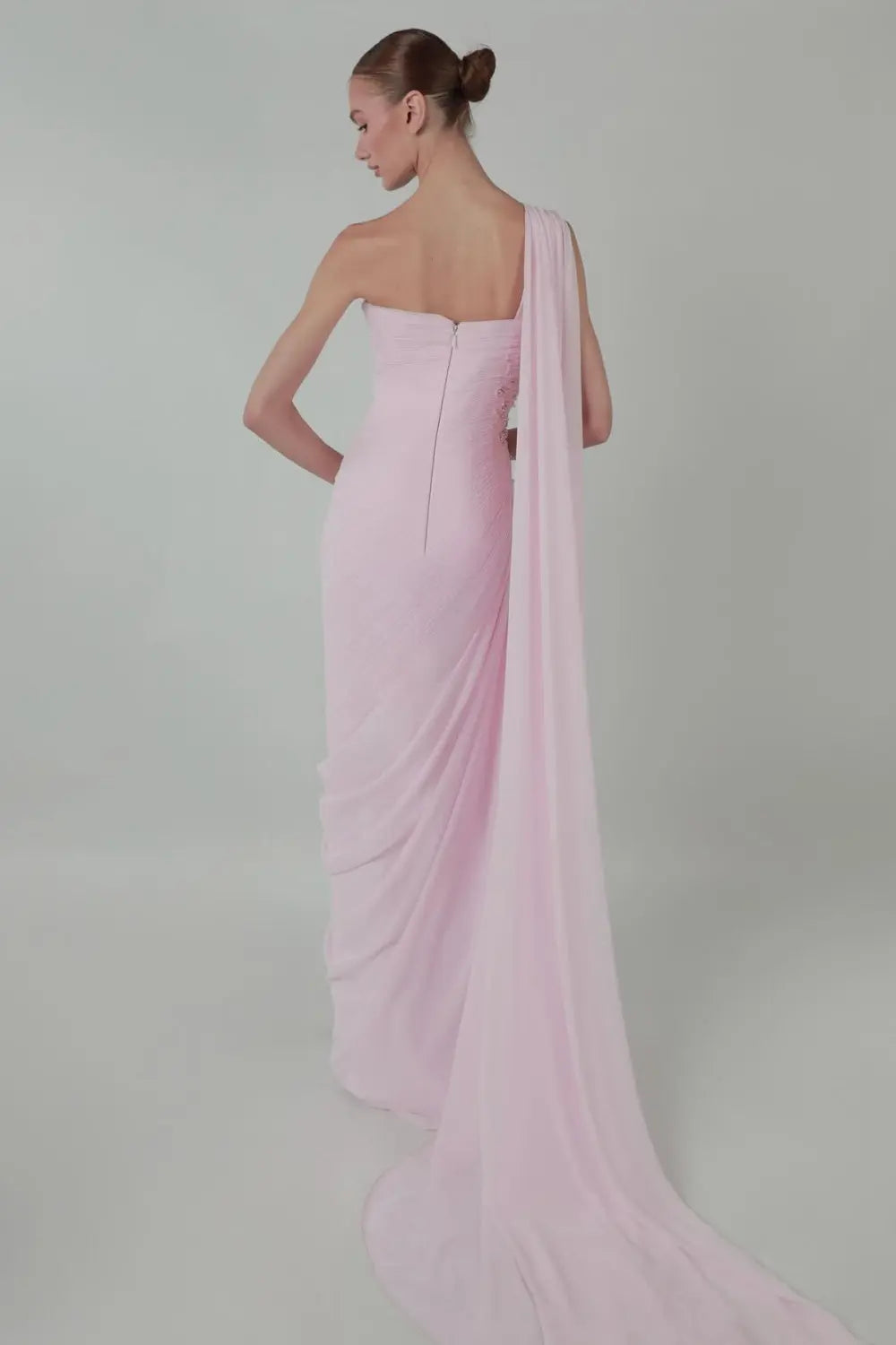 Beaded Chiffon Formal Pink One-Shoulder Sheath Evening Dress SF249 Sheer Fairy