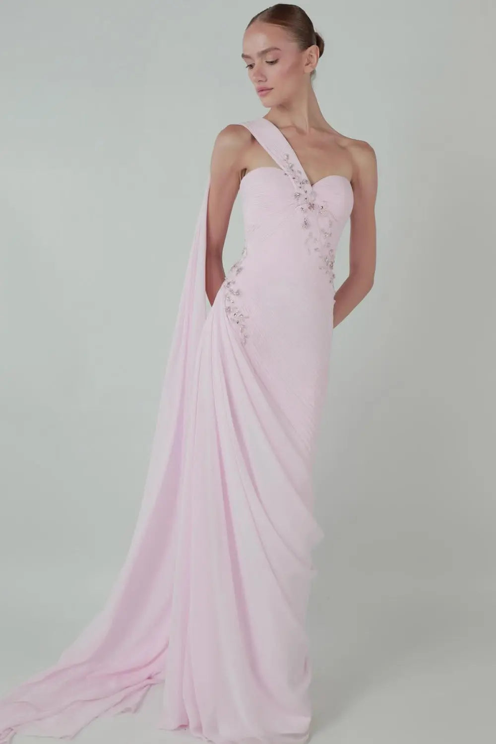 Beaded Chiffon Formal Pink One-Shoulder Sheath Evening Dress SF249 Sheer Fairy