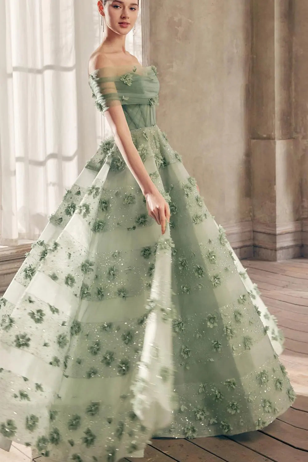 Luxury Sage Green 3D Flowers Dubai Evening Dress with Cape SS346 Sheer Fairy