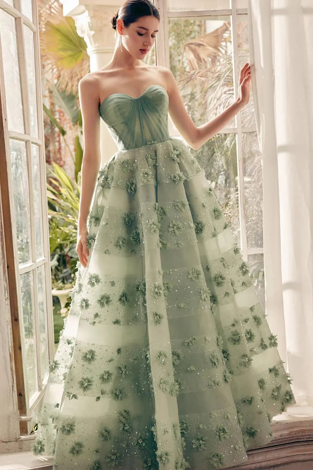 Luxury Sage Green 3D Flowers Dubai Evening Dress with Cape SS346 Sheer Fairy