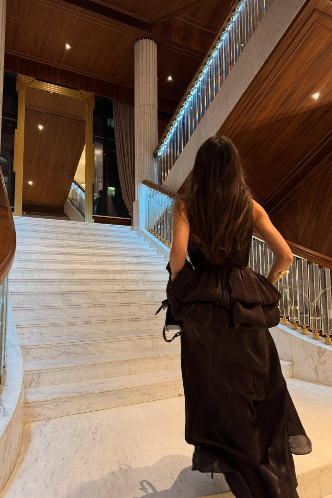 Burgundy Chiffon Halter Evening Dress with Tiered Ruffled Skirt SF433 Sheer Fairy