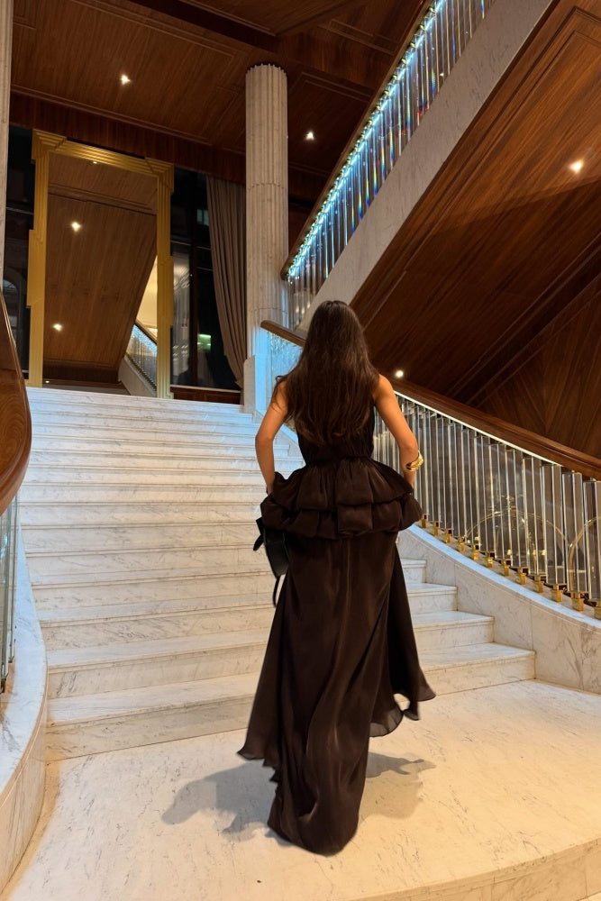 Burgundy Chiffon Halter Evening Dress with Tiered Ruffled Skirt SF433 Sheer Fairy