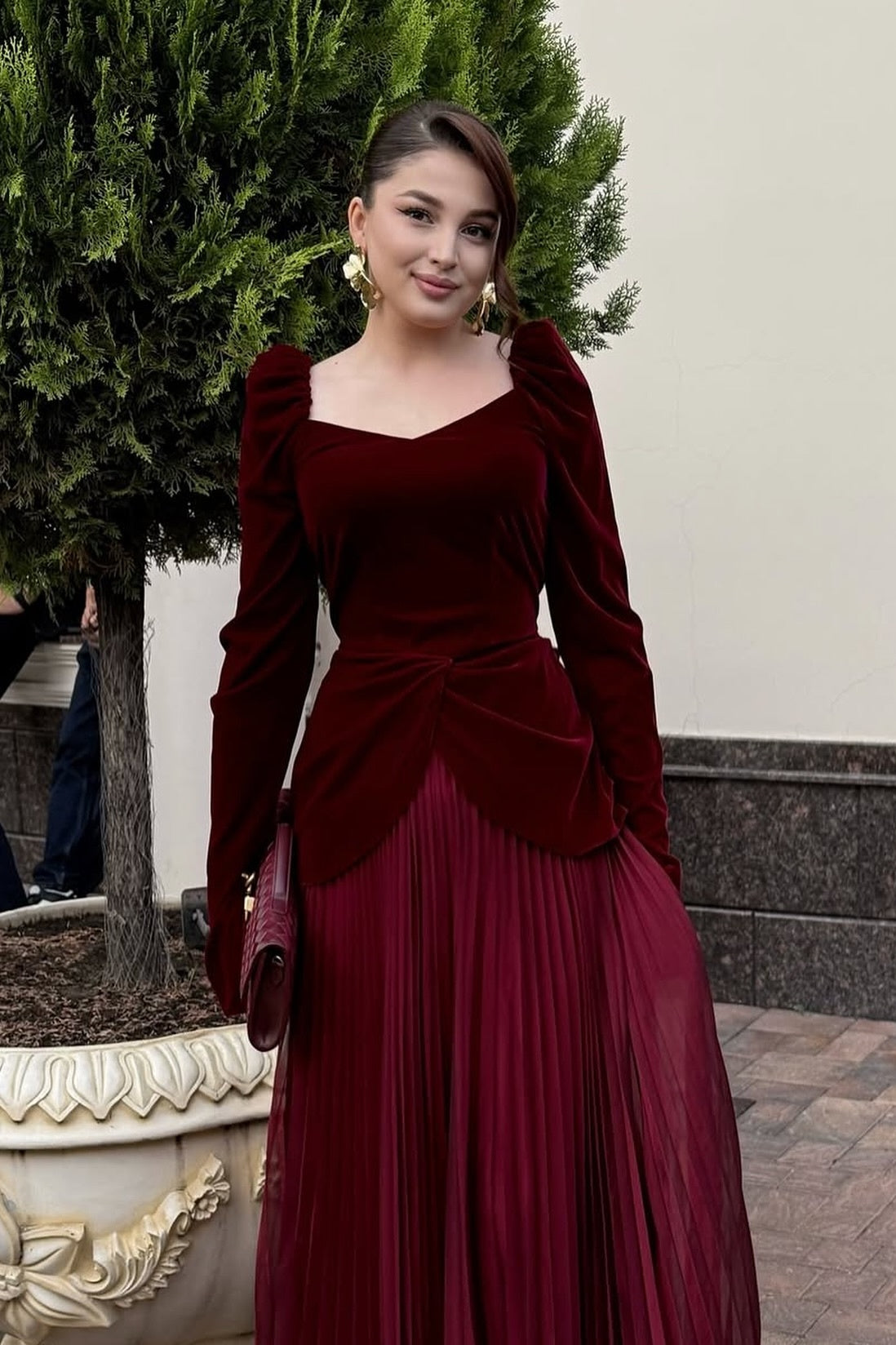 Burgundy Velvet Square Neck Long Puff Sleeve Evening Dress SF259 Sheer Fairy