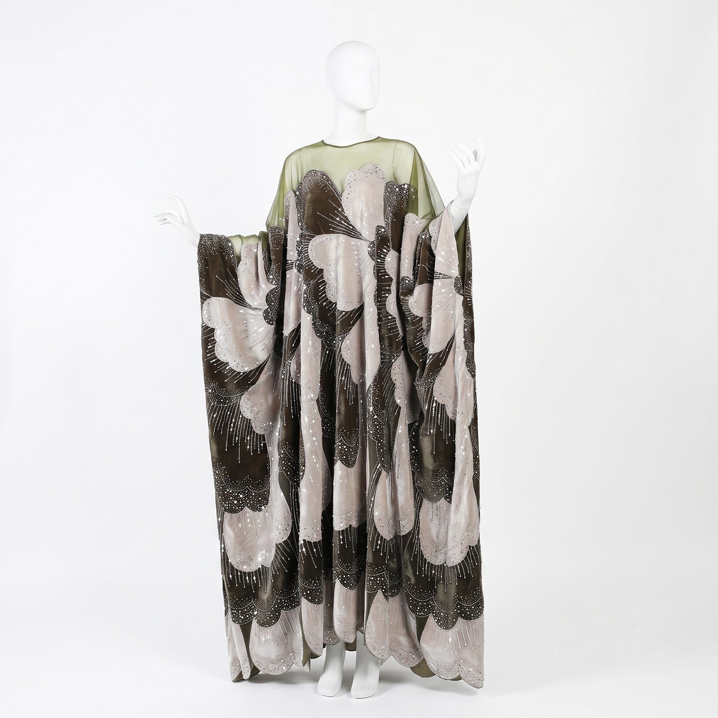 Luxurious Olive Green Velvet Beaded Kaftan Dress Sequined Petal Pattern Evening Abaya Maxi Gown SS669 Sheer Fairy