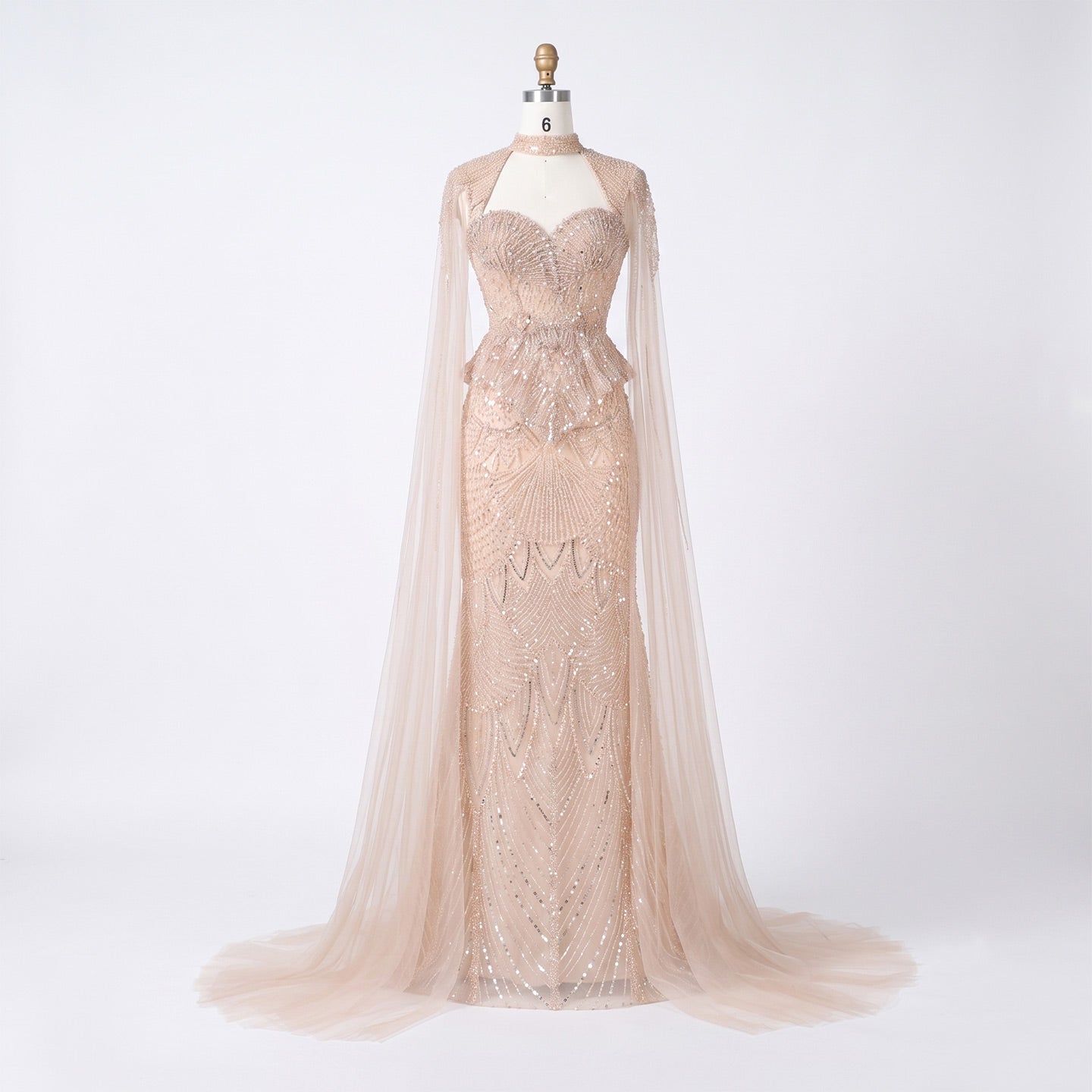 Champagne Beaded Sheer Corset Evening Gown with Draped Cape & Pleated Skirt SS538（副本） Sheer Fairy