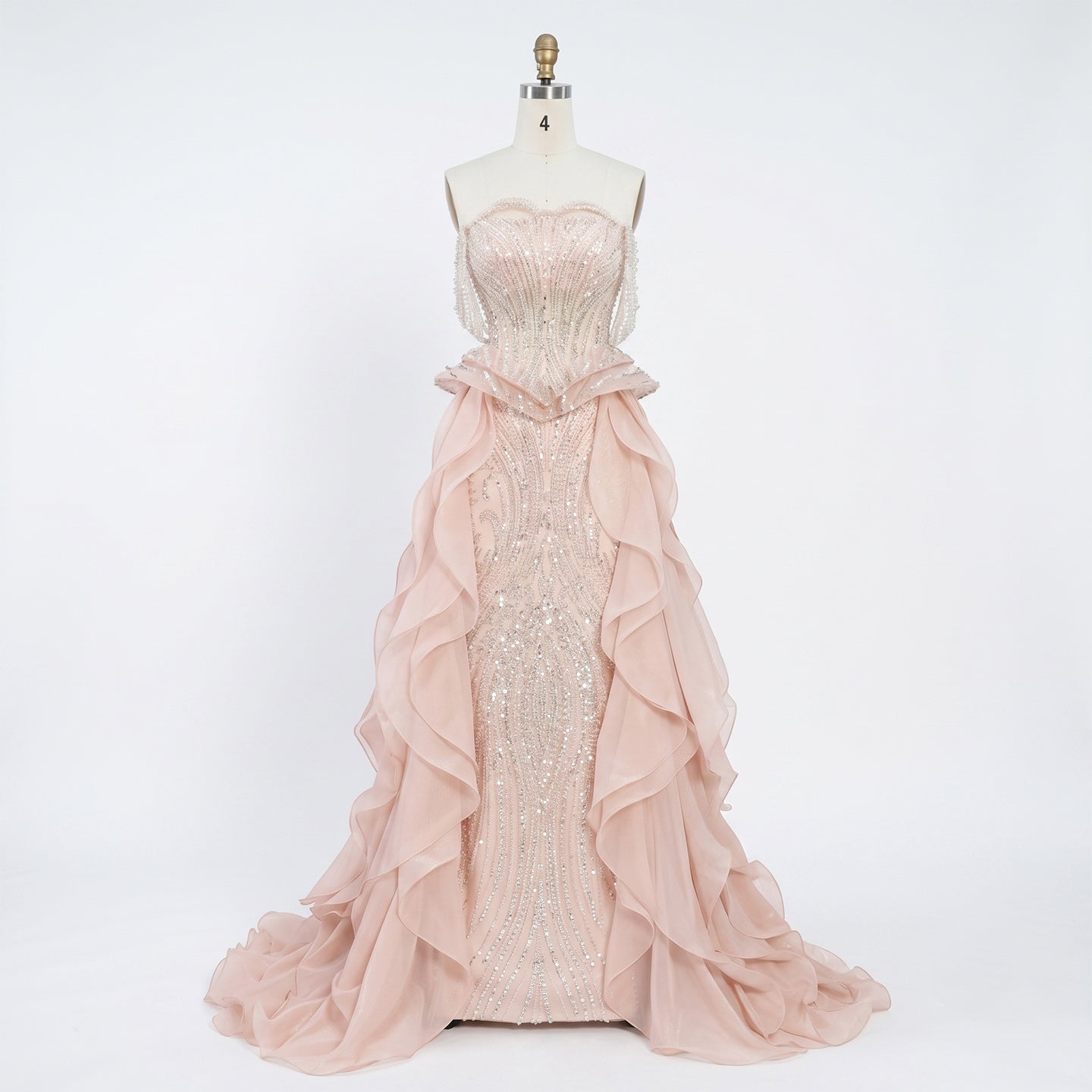 Sparkling Sequin Beaded Evening Dress with Cascading Layered Tiered Ruffle Train SS236 Sheer Fairy